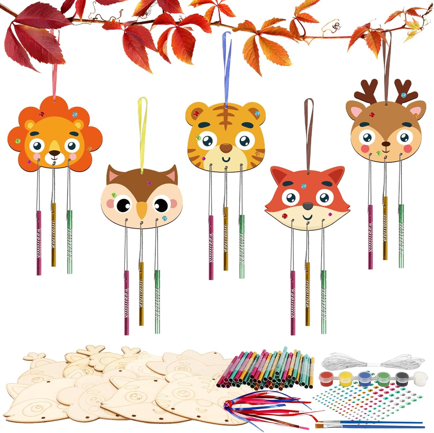 HONMOK Autumn Crafts for Kids, 9 Pack Autumn Animal Head Wind Chimes Kit for Children to Paint & Colour, Wooden Arts and Crafts for Toddlers Boys Girls Autumn Activities Birthday Gifts