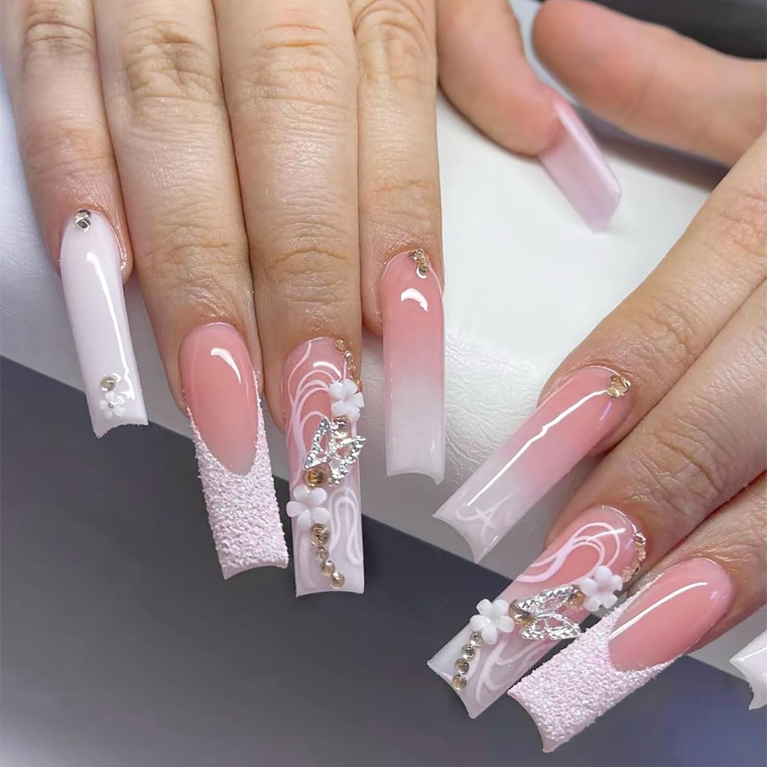 Long Press on Nails Glitter French, Rhinestone Fake Nails with Nail Glue, 3D Flower and Butterfly False Nails Glue on Nails for Women 24 Pcs