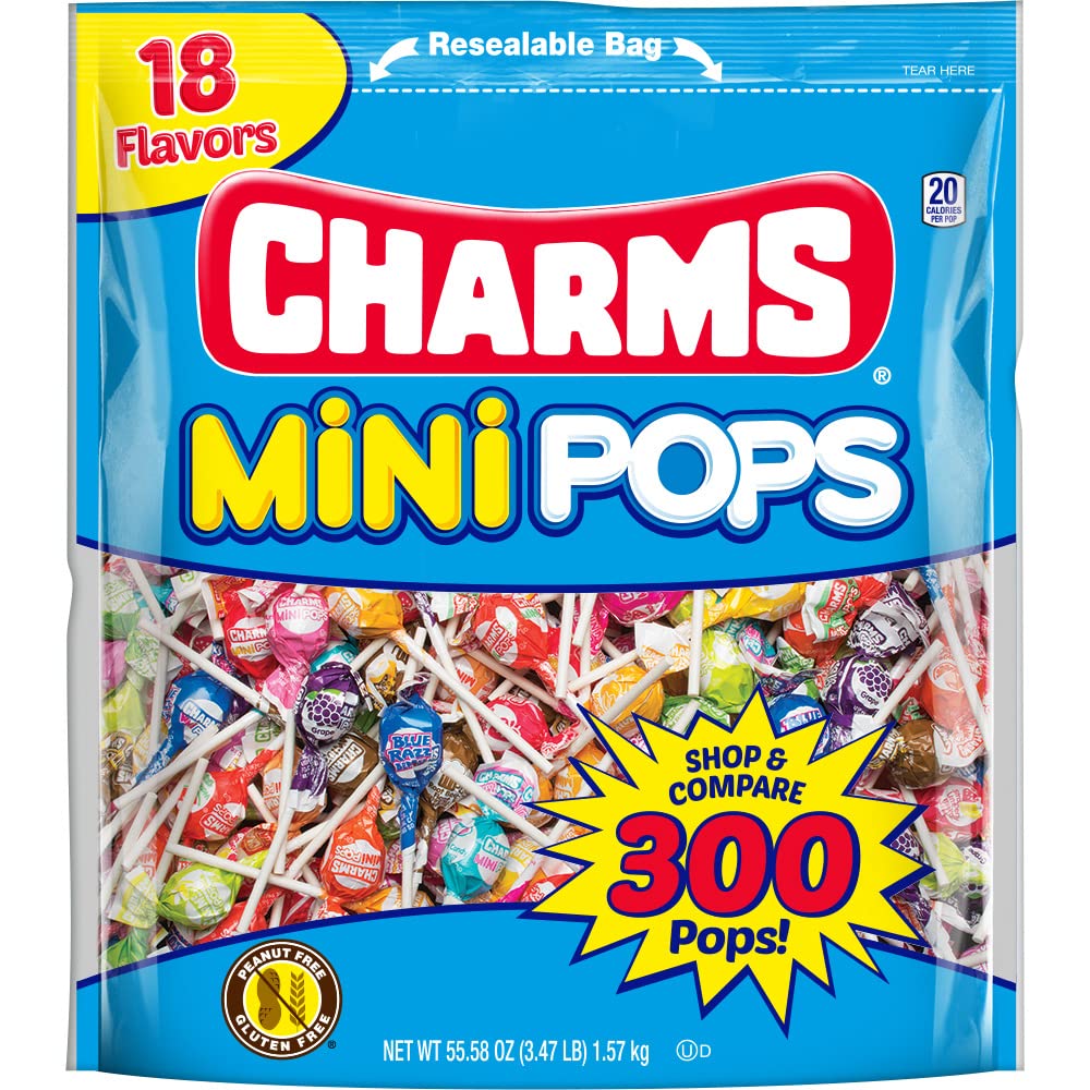Tootsie Roll Charms Mini Pops, 18 Flavors, Individually Wrapped, Peanut Free, Gluten Free, 300 Count, 1-Pack