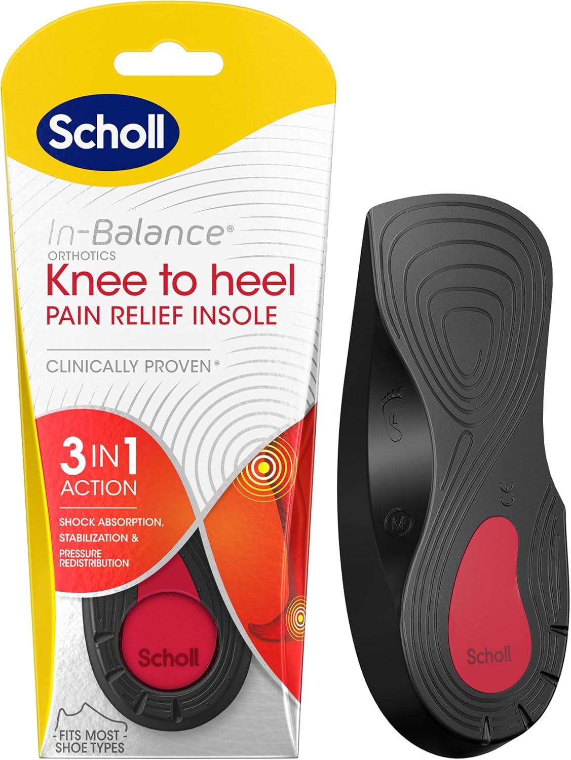 Scholl In-Balance Orthotics Knee to Heel Insoles, 3-in-1 Insoles for Knee and Heel Pain Relief - Deep Heel Cup and Arch Support - Size Small, UK 4.5-6.5, 1 Pair