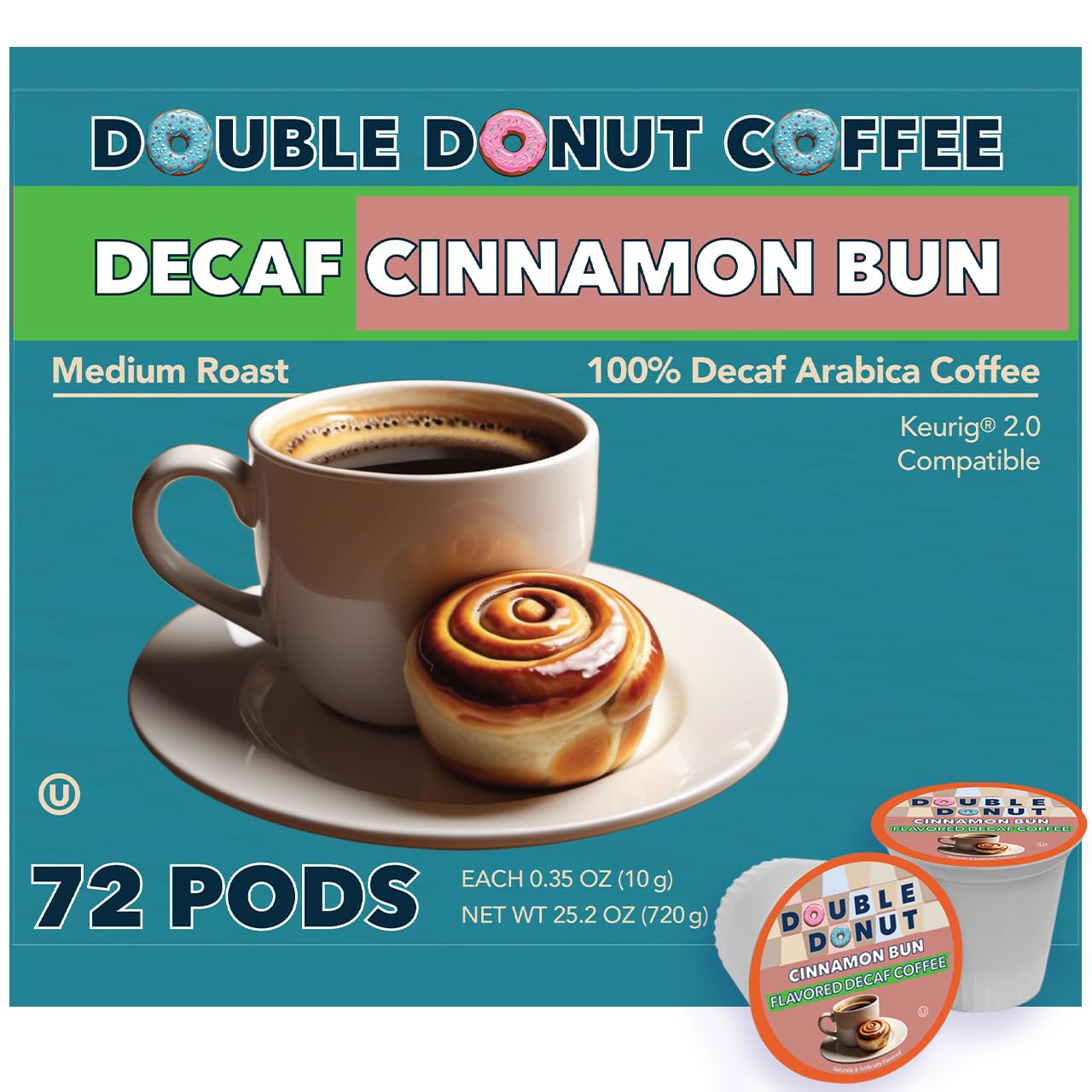 Double Donut Decaf Cinnamon Bun Flavored Coffee Pods, Medium Roast Coffee, Compatible with Keurig K Cups Brewers, 72 Count Value Pack