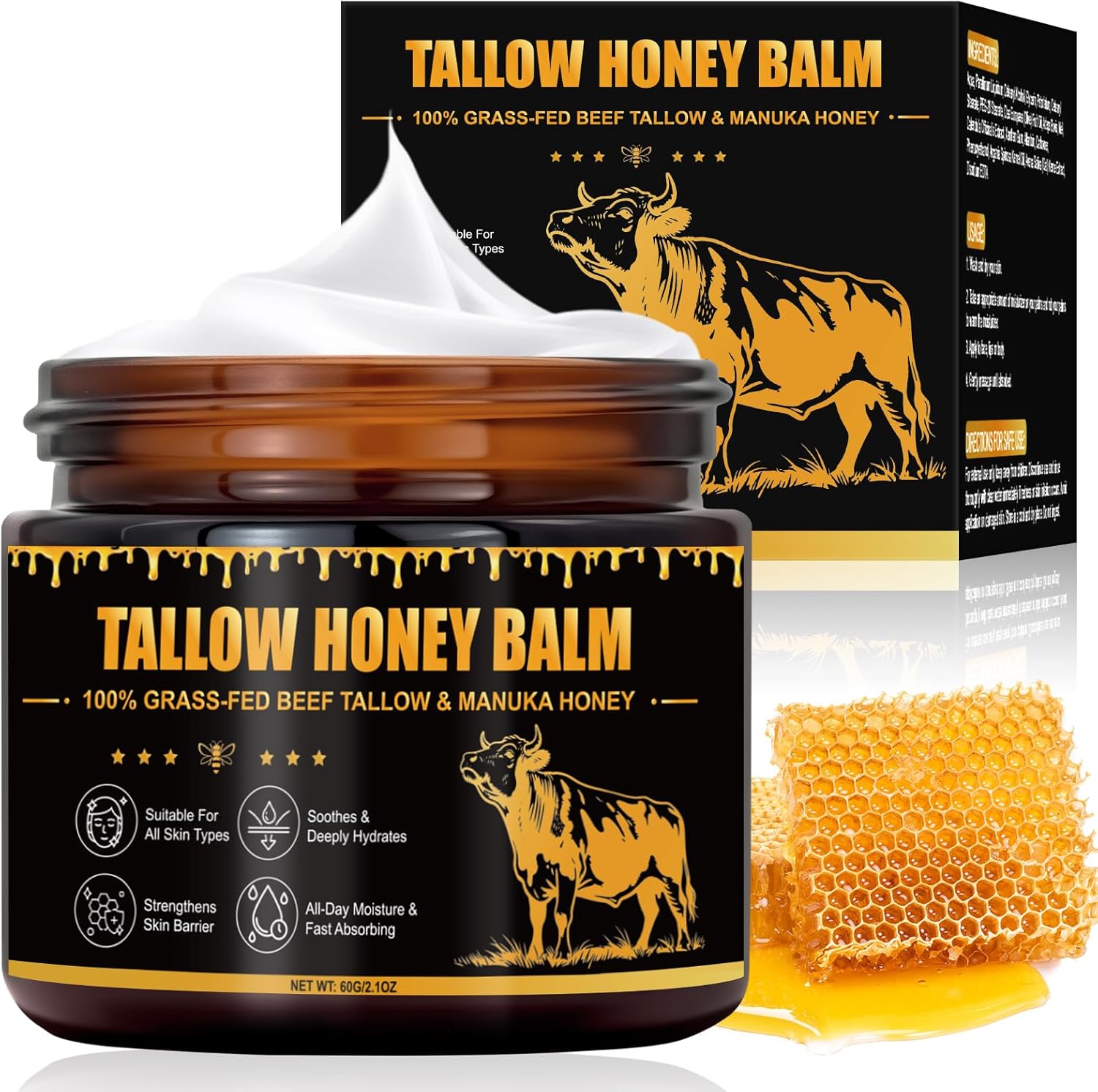 Beef Tallow Honey Balm for Skin, 100% Grass-Fed Beef Tallow & Manuka Honey Moisturizer, Natural Whipped Tallow Cream for Face & Body Deep Hydration & Nourishment and Fast Absorbing (1)