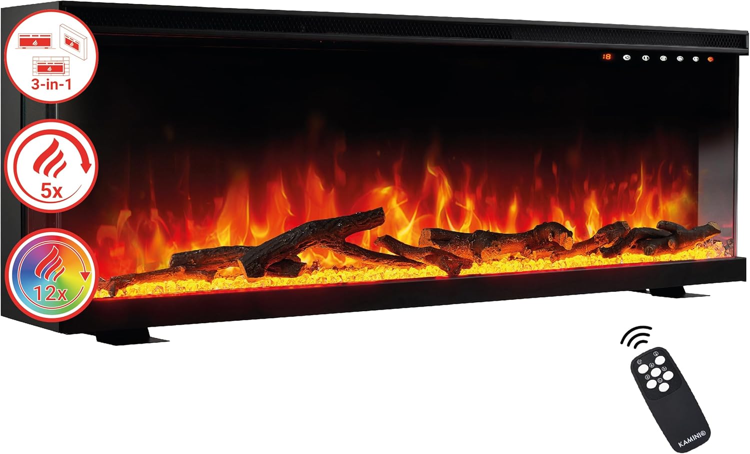 Electric Fireplace LEA - Electric 3-in-1 Fireplace with Panoramic View, Heater, 3D Flame Effect, 12 Flame Colors, Remote Control (36 inch)