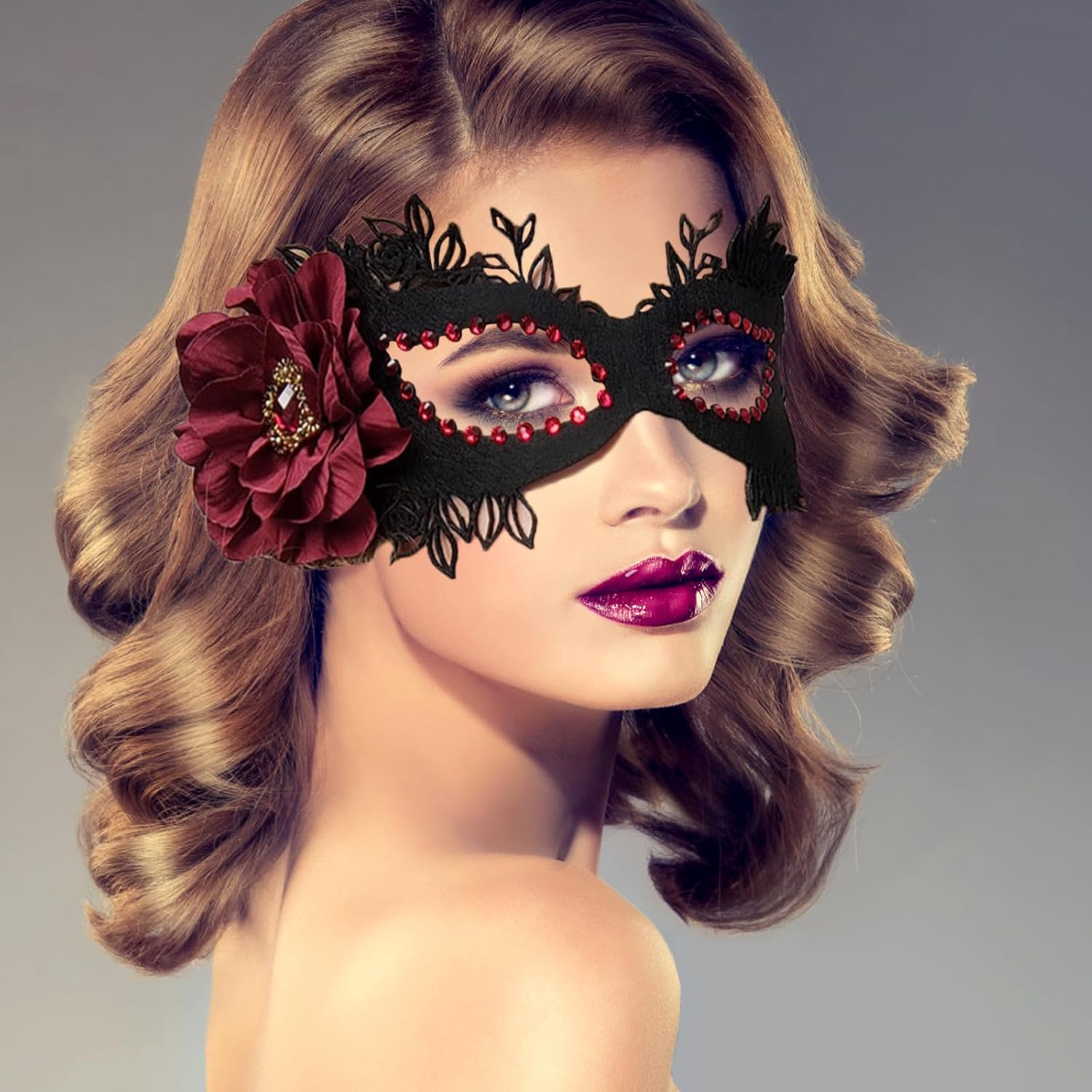 Vintage Masquerade Mask for Women, Felt Masquerade Mask Costume Black Halloween Mask with Red Flower 1920s Mardi Gras Party Mask Ball Mask for Cosplay