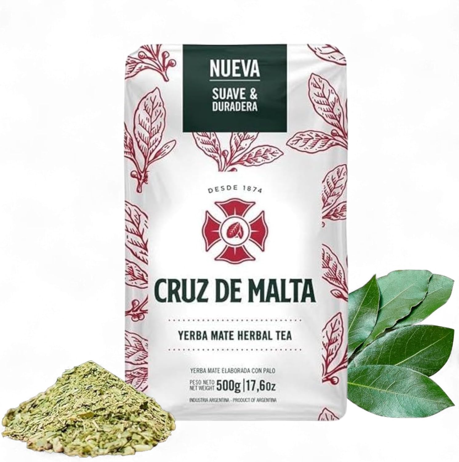 Cruz de Malta Yerba Mate Tea – 500gr (1.1 lbs) Loose Leaf – Traditional Argentine Herbal Tea – Smooth Flavor, Naturally Sourced – USA Specific Packaging – Gluten-Free – Large Leaf Low Dust Yerba Mate