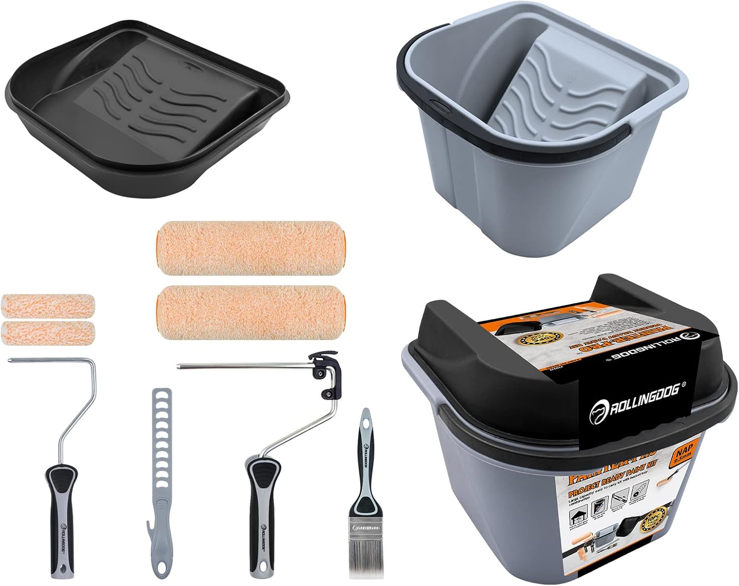 ROLLINGDOG 10PCS Paint Rollers and Trays Sets, Mini and Large Paint Roller, Brush, 7 Inch Scuttle with Lid, Decorating Tools for Wall, Ceiling Painting