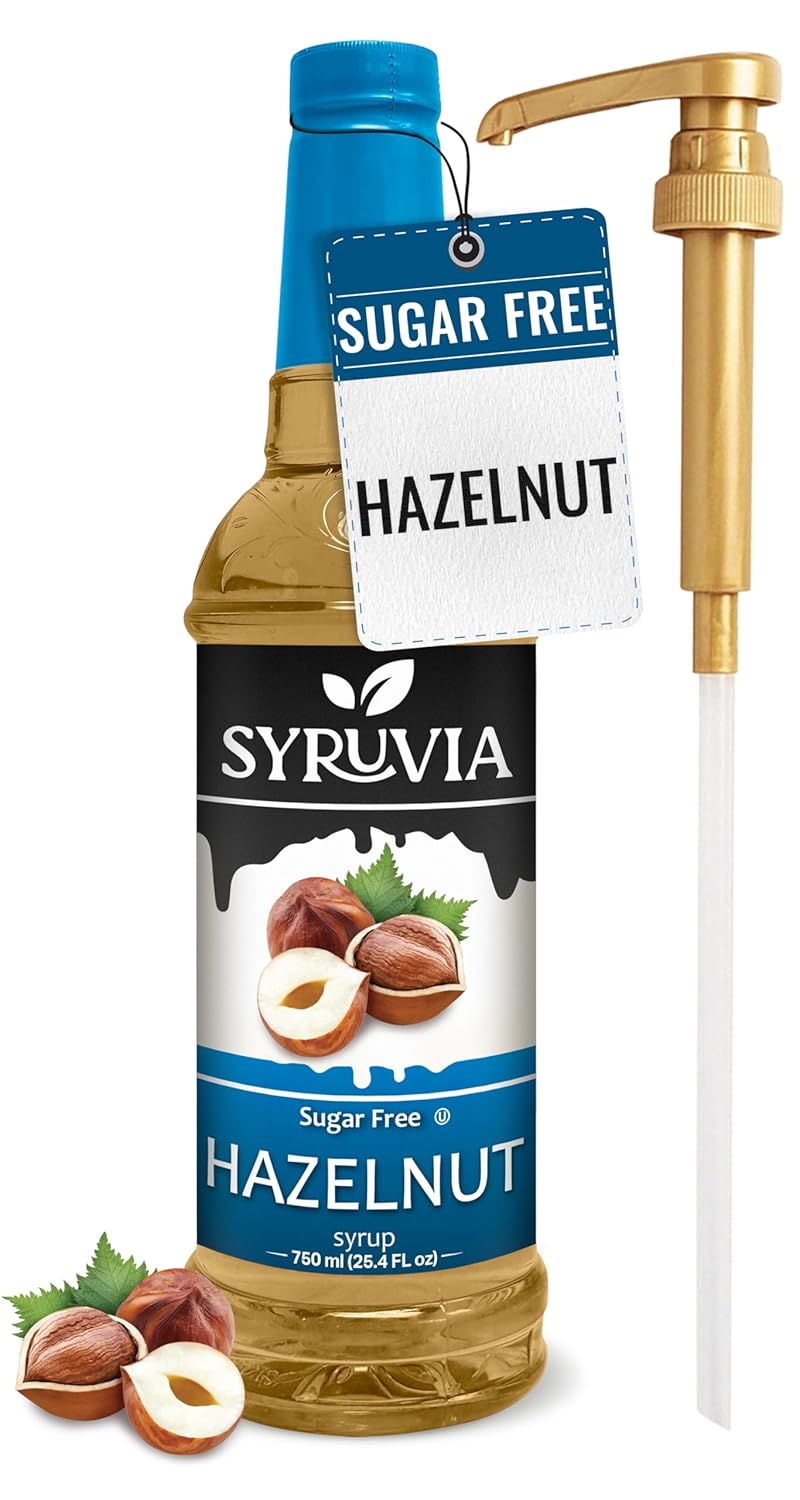 Syruvia Sugar Free Hazelnut Syrup With Syrup Pump Dispenser – Hazelnut Coffee Syrup Flavor, 25.4 fl oz, Kosher, Gluten Free, Perfect for Coffee, Drinks, Soda, Desserts, and More,