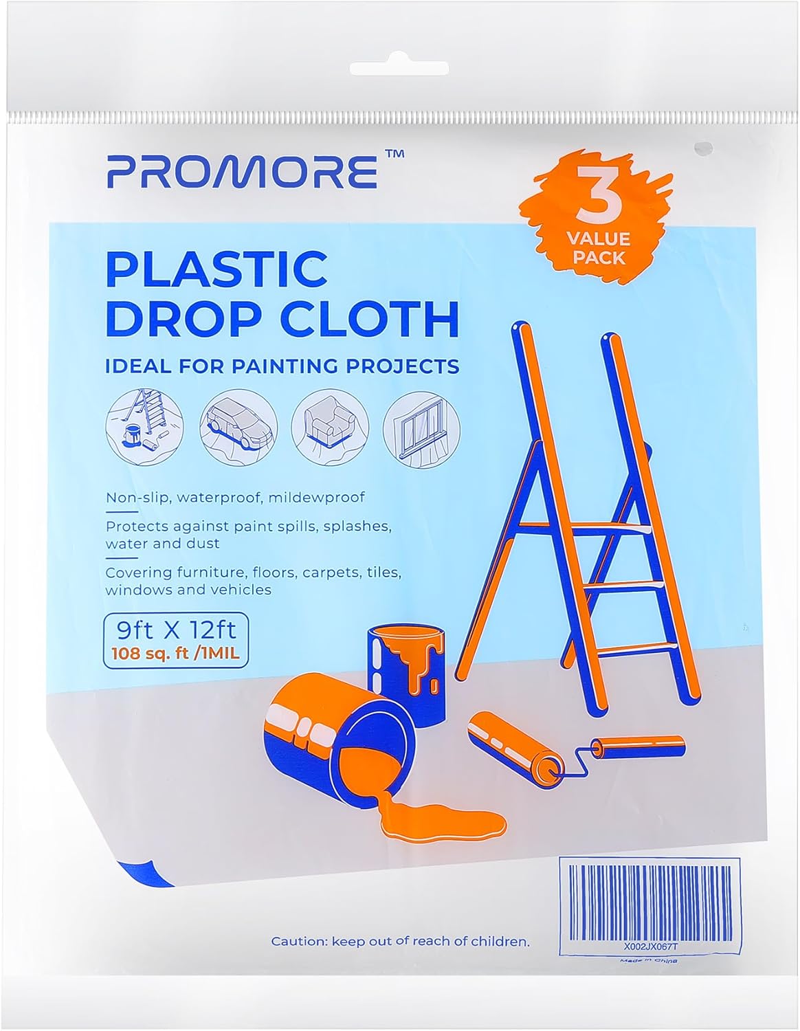 Dust Sheets for Decorating (3-Pack) 2.74 x 3.66m 25mic Large Plastic Dust Cover for Painting Decorating Furniture Protection, Proof Waterproof Painter Drop Cloth