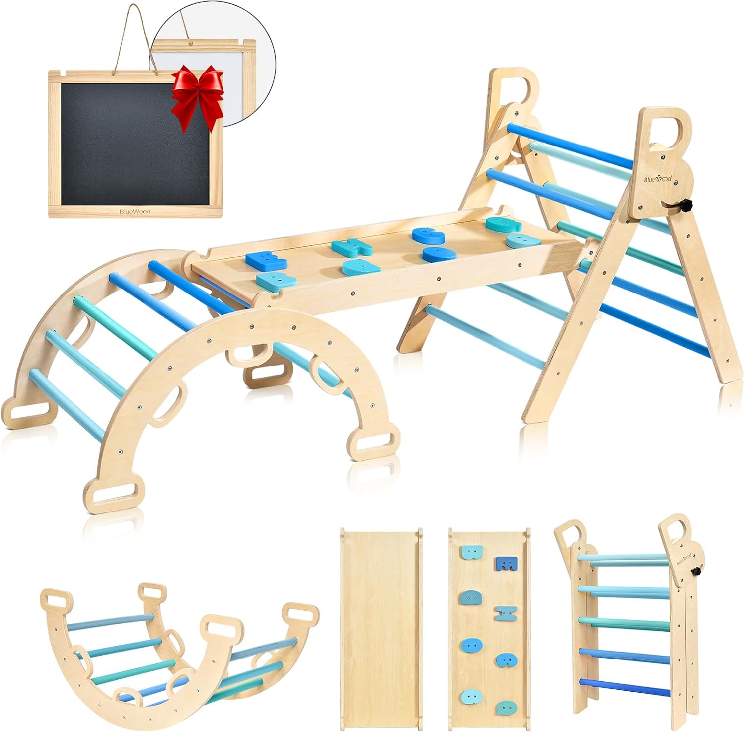 BlueWood Pikler Triangle Set, 7-in-1 Foldable Wooden Toddler Climbing Toys Indoor Playground Jungle Gym Montessori Philosophy Climber for 2-6 Years Old, Baby, Kids (Sky Blue)
