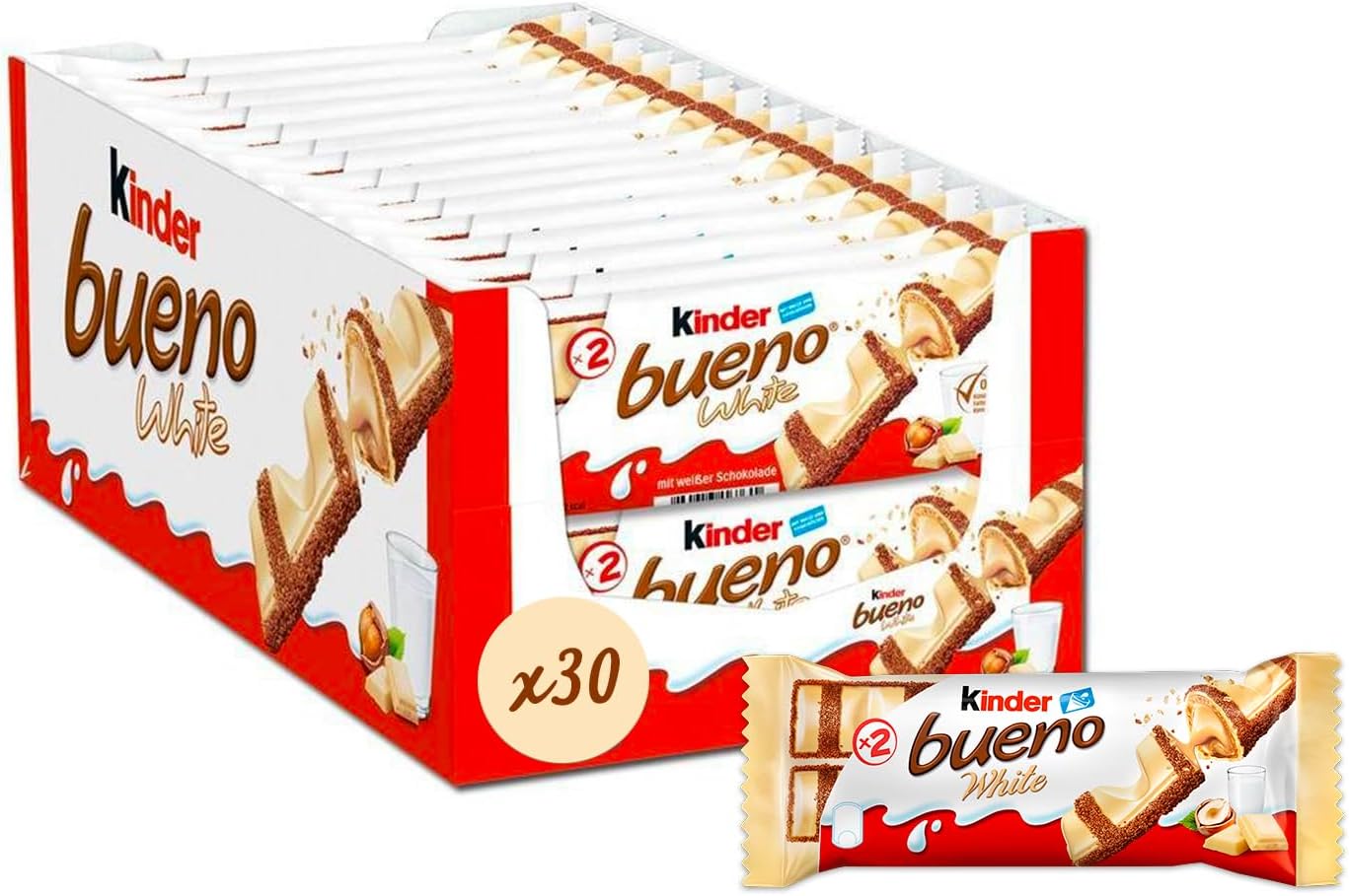 KINDER BUENO WHITE 2 bars per Pack, Full Box Of 2 x 30 x 43g, Very Long Expiry