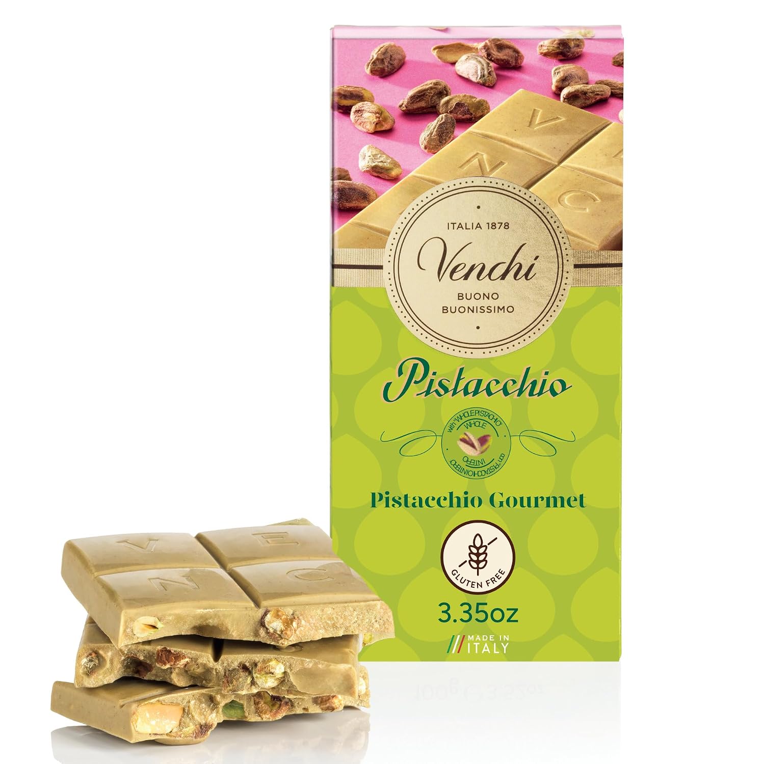 Venchi - Pistachio Gourmet Chocolate Bar - White Chocolate and Pistachio Paste Cream Bar, 3.53 oz - Gluten Free