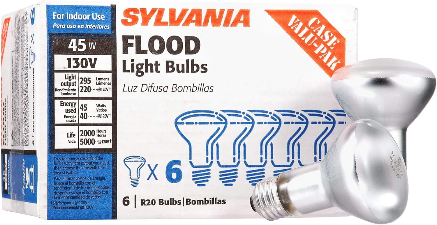 LEDVANCE SYLVANIA Incandescent Flood Light Bulbs, R20 45W, 295 Lumens, 2,000 Hours, Value Pack - 6 Pack (40808) Warm White