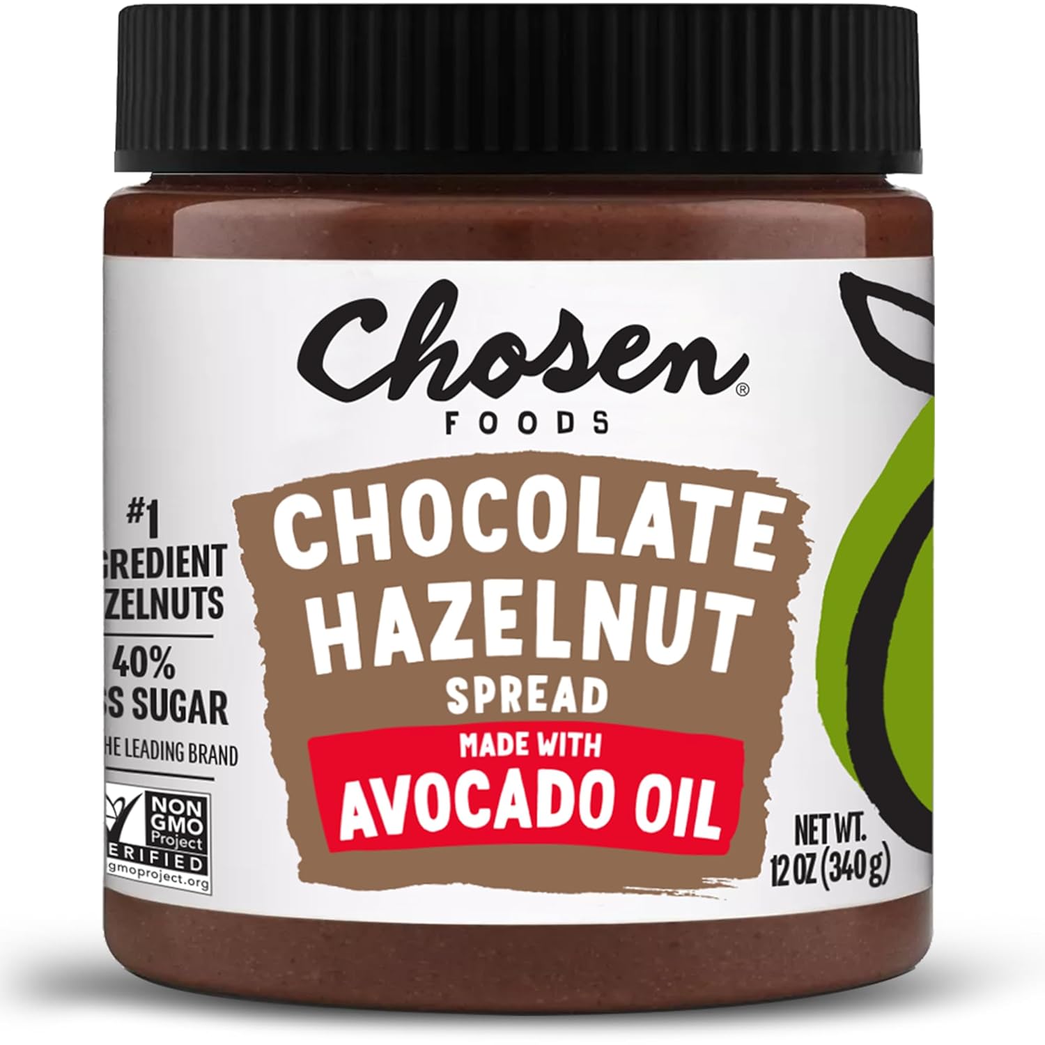 Chosen Foods Chocolate Hazelnut Spread - Made with 100% Pure Avocado Oil, Simple Ingredients, 40% Less Sugar, Vegan, Free of Palm Oil,12 oz 1-Pack