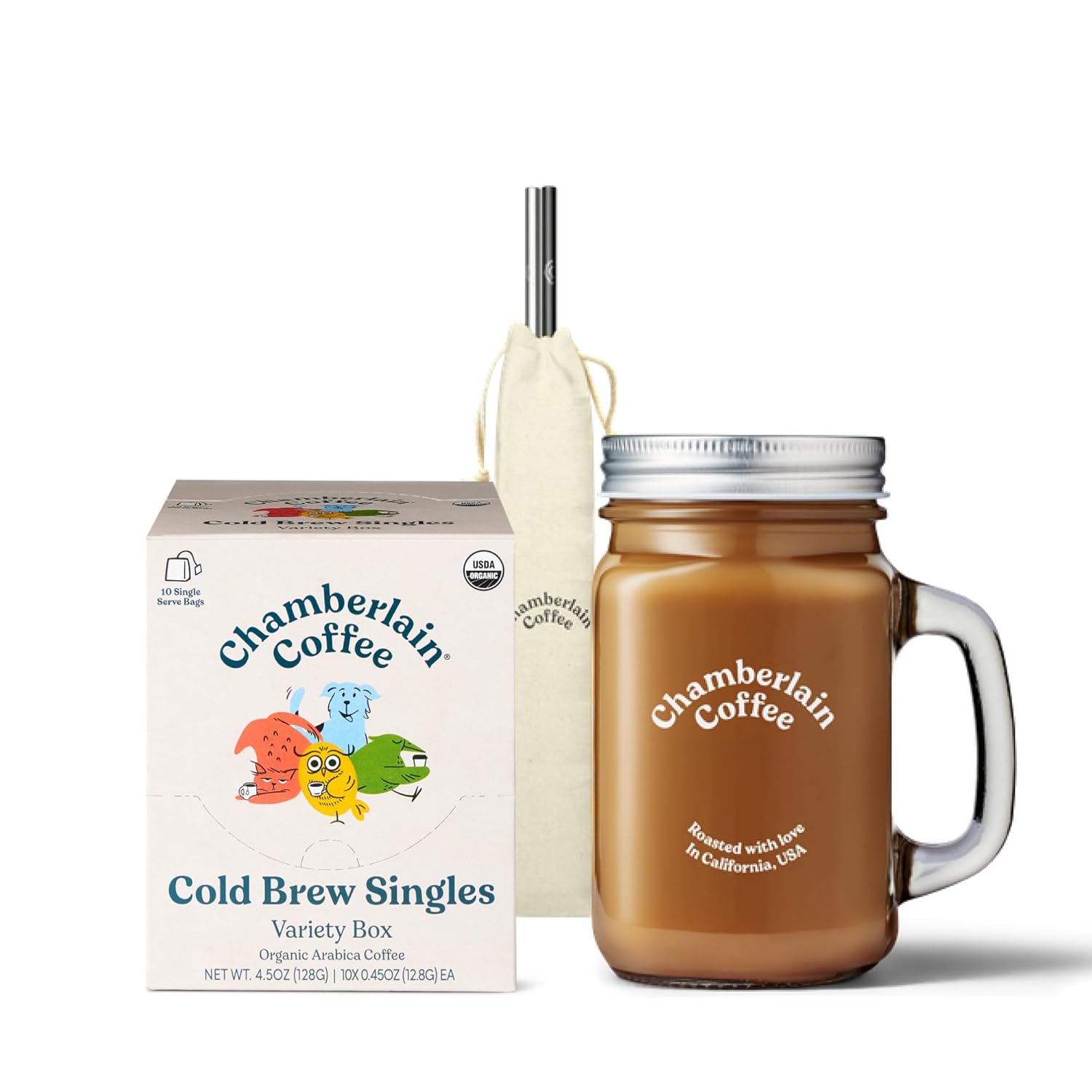 Chamberlain DIY Cold Brew Starter Pack - 10 Pack of Single Serve Coffee, Mason Jar, Reusable Stainless Steel Straws - Cold Brew at Home