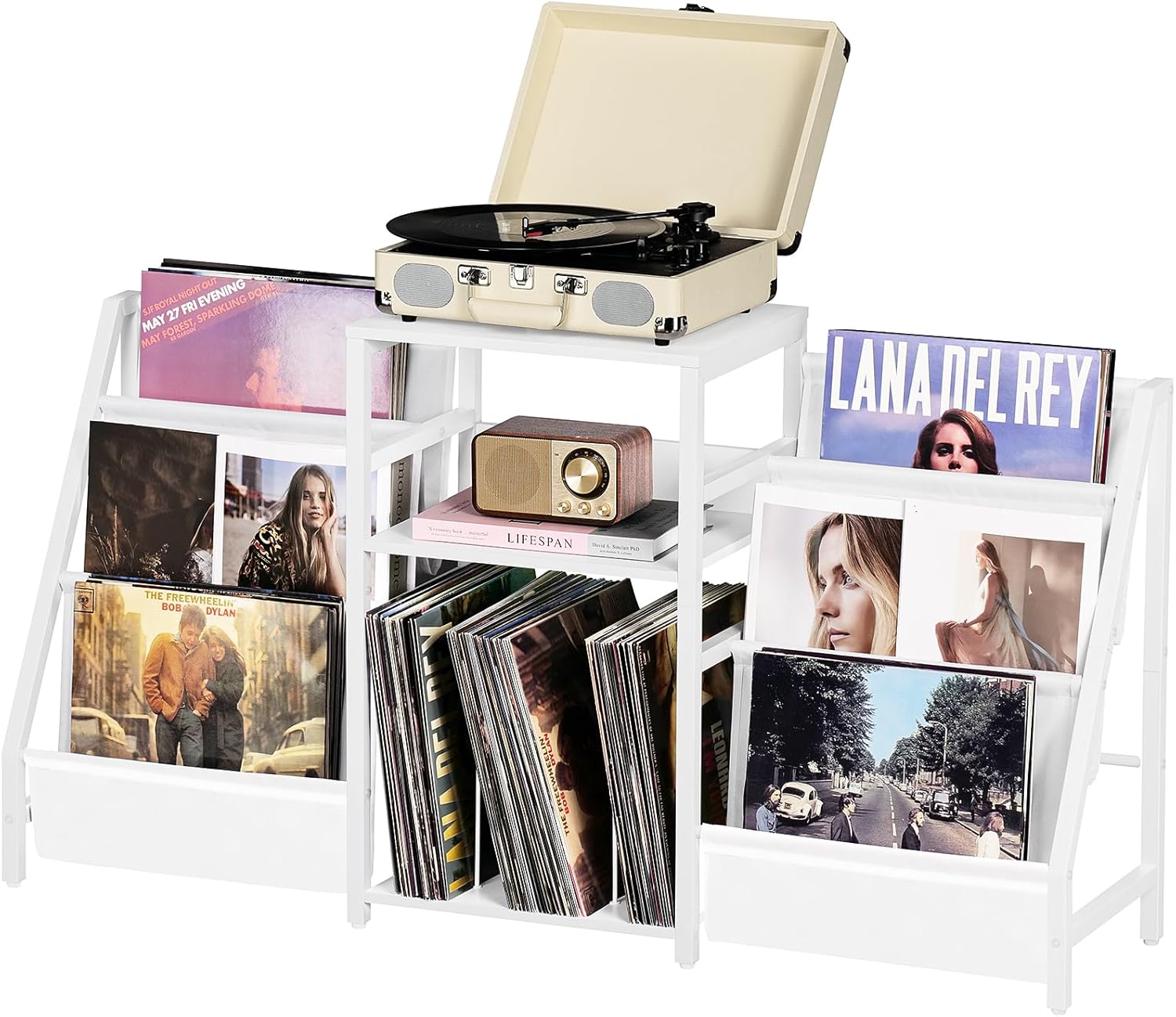 LELELINKY Record Player Table,Turntable Shelf with Vinyl Storage Up to 180 Albums,White Side Table with 3 Tier Magazine Periodical Book Rack,Wide Metal Record Holder Cabinet for Office, Music Room