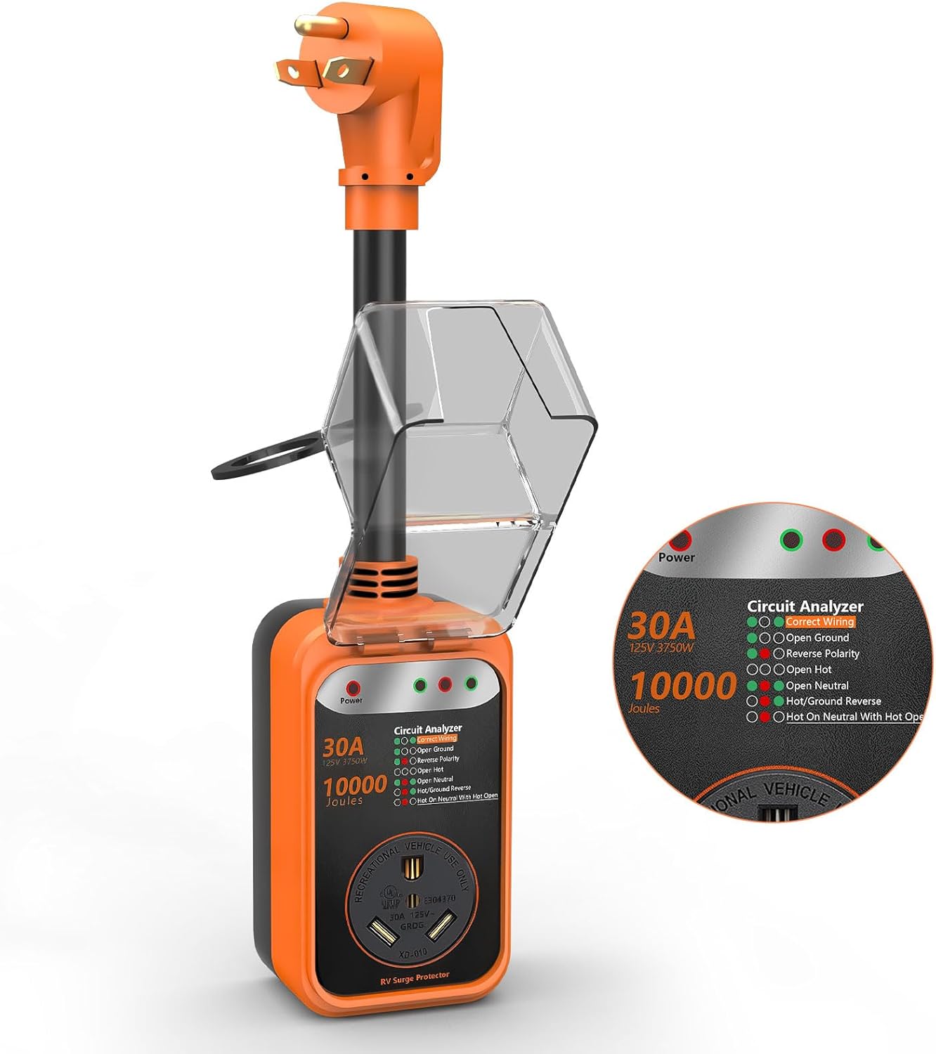 RV Surge Protector 30 Amp, 10000 Joules RV Circuit Analyzer with Waterproof Cover,RV Adapter Plug for Camper Travel Trailers (30 AMP)