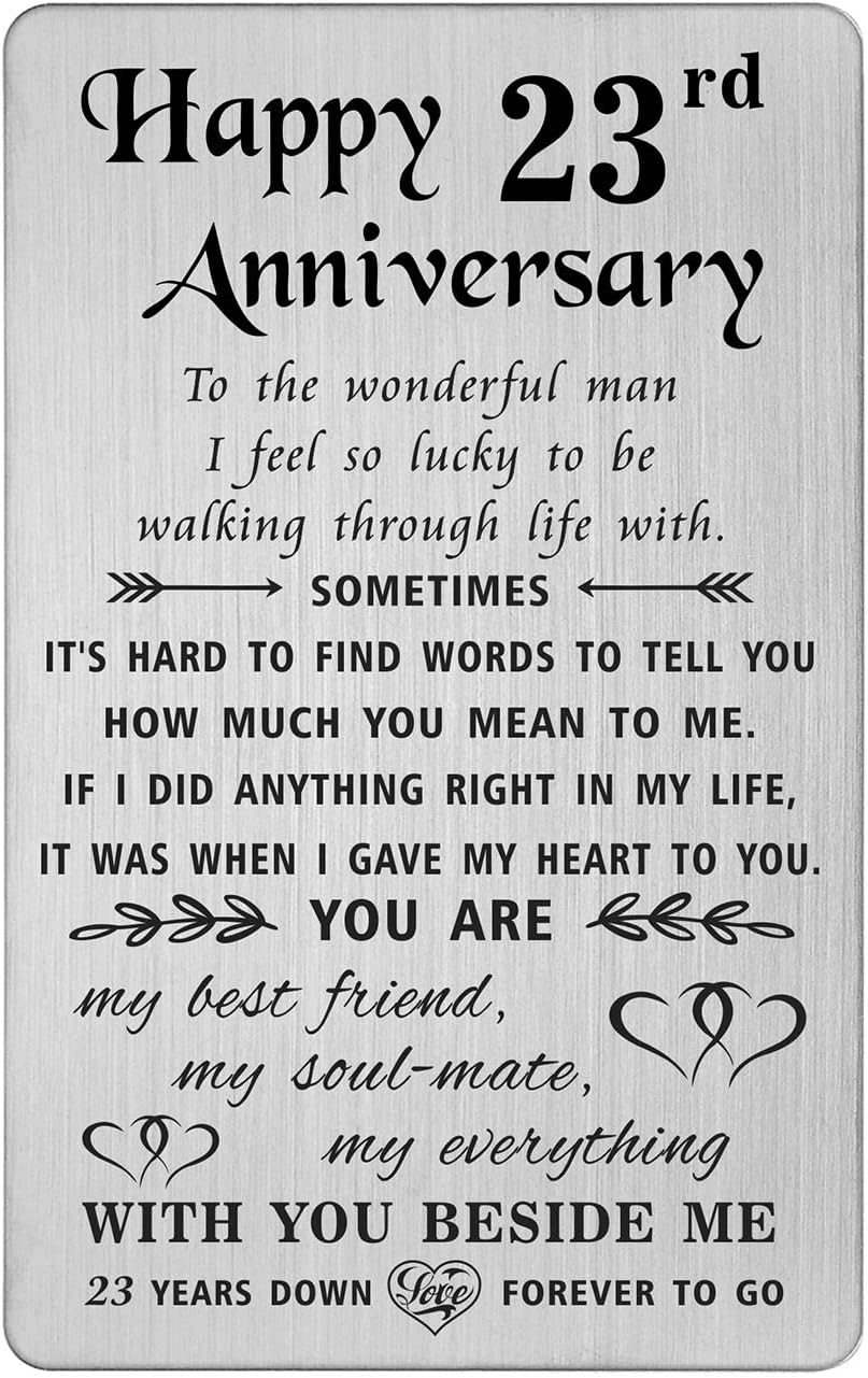 TANWIH 23rd Anniversary Card for Husband - 23 Years Down Forever to Go - 23 Year Wedding Anniversary Card Gifts for Him Men, Engraved Metal Wallet Card