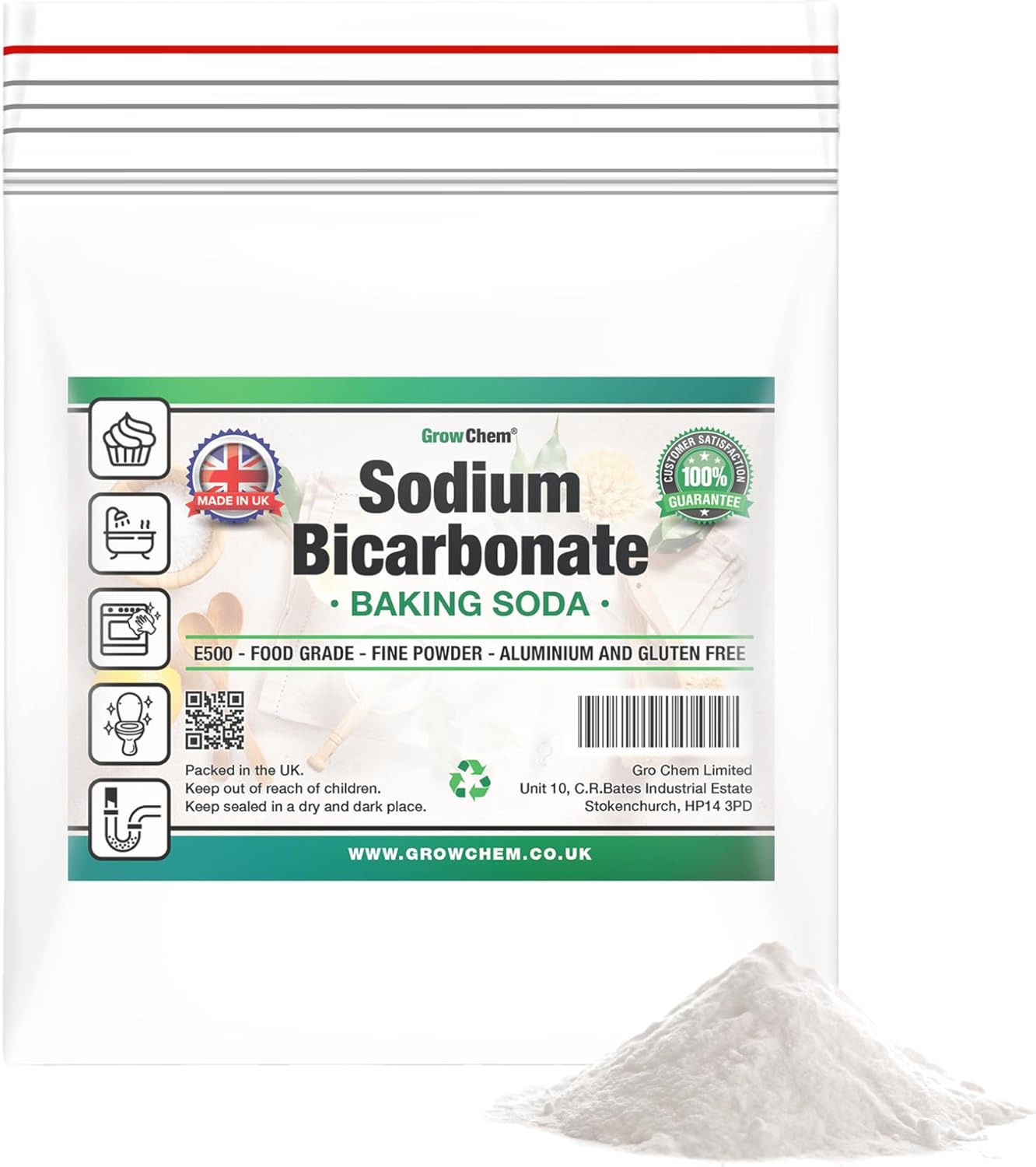 Grow Chem Sodium Bicarbonate (1KG Bag) - Pure Baking Soda, Resealable - UK Made Food Grade Bicarbonate of Soda for Cleaning, Odours, Teeth, Bath Bombs, Gardening & Cooking - Aluminium Free