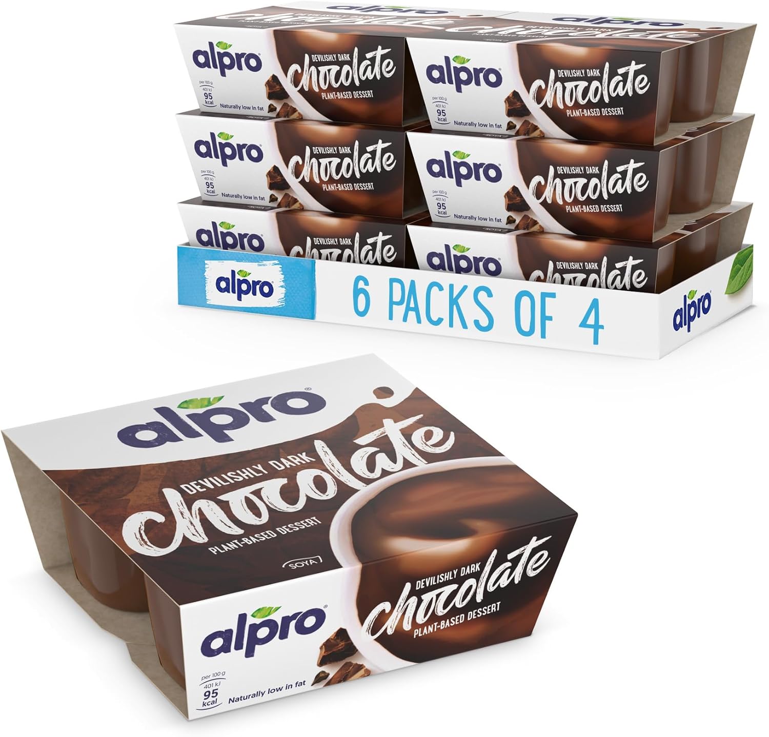 Alpro Dark Chocolate Soya Plant-Based Dessert Alternative - Vegan & Dairy Free - No Added Sugar Pudding & Dessert Multipack - 125g (Pack of 24)
