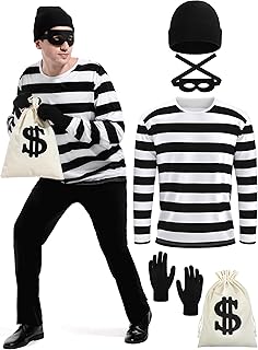 5 Pieces Halloween Costume Set, Men's Robber Costume Halloween Cosplay Burglar Accessories Striped Shirt for Adult