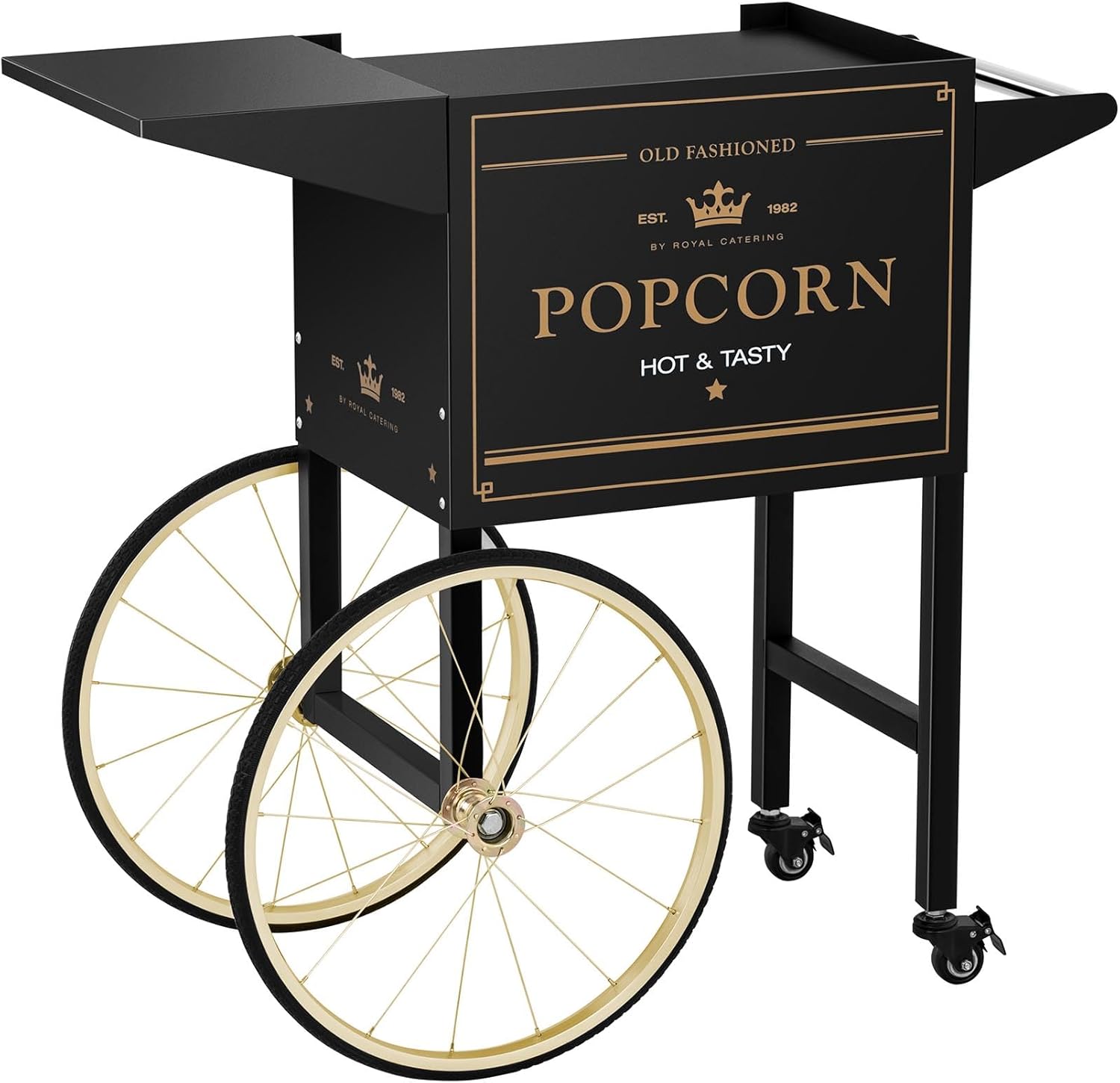 Royal Catering Popcorn Cart Popcorn Machine Cart Popcorn Maker Trolley 94cm 4 Wheels Black/Gold RCPT-BGWG-1 (Lacquered Steel Sheet, Footprint 37x51cm, 2 Parking Brakes)