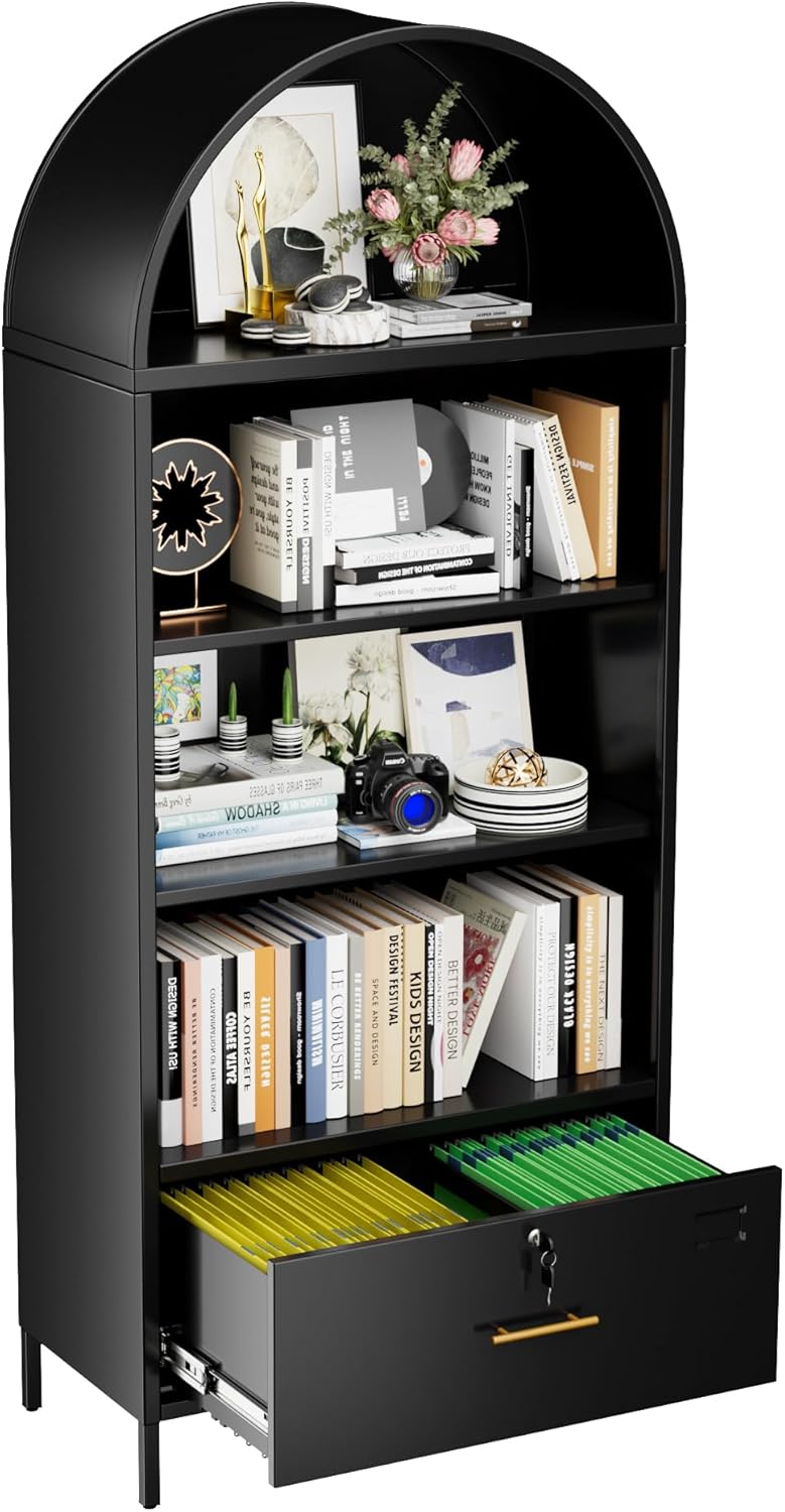METAN Metal Arched Bookcase with Shelves and Files Drawer,Office Filing Cabinet with Lock,Letter/Legal/A4/F4 Sizes Drawer,Assembly Required,Black