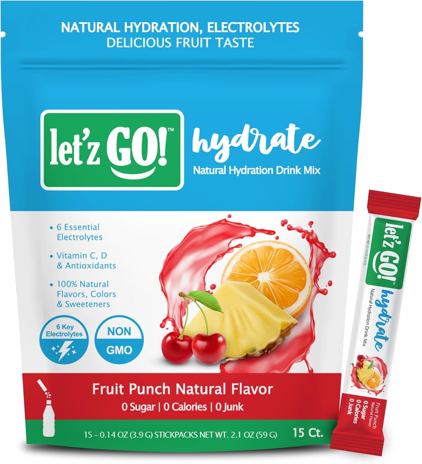 Let'z Go! Hydrate- Natural Hydration + Electrolyte Drink Mix- Hydration + Electrolytes + Antioxidant Powder Packets, Natural Flavors, Vitamins C + D | No Sugar | No Calories | (15 Count) Fruit Punch