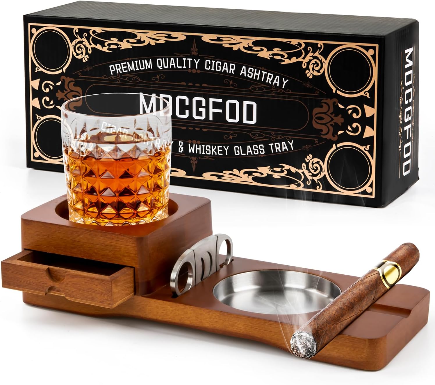 Cigar Ashtray Coaster Whiskey Glass Tray and Cigar Holder Wooden Ash Tray Slot to Hold Cigar Cigar Rest Cigar Cutter Cigar Accessory Set Gift for Men Dad Great Decor for Home