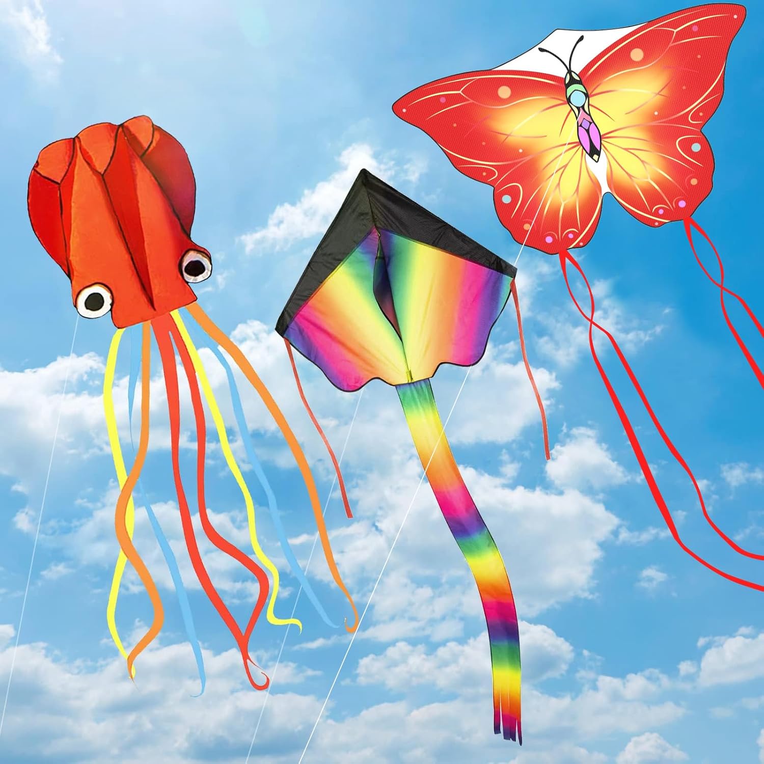3 Pack Kite - Colorful kites for Kids Ages 4-8 Easy to Fly, Perfect for children and adults, Large Rainbow Butterfly Kites Red Octopus for Outdoor Game Activities