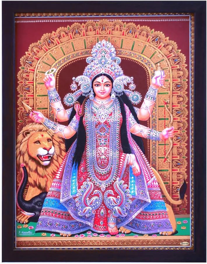 Handicraft Store SANVIKA Durga Goddess Picture Frame Wall Decor, Durga The Feminine Force For Living Room Decor, Hindu Goddess Durga For Home Office (Maa Durga With Her Lion, 12" x 9")