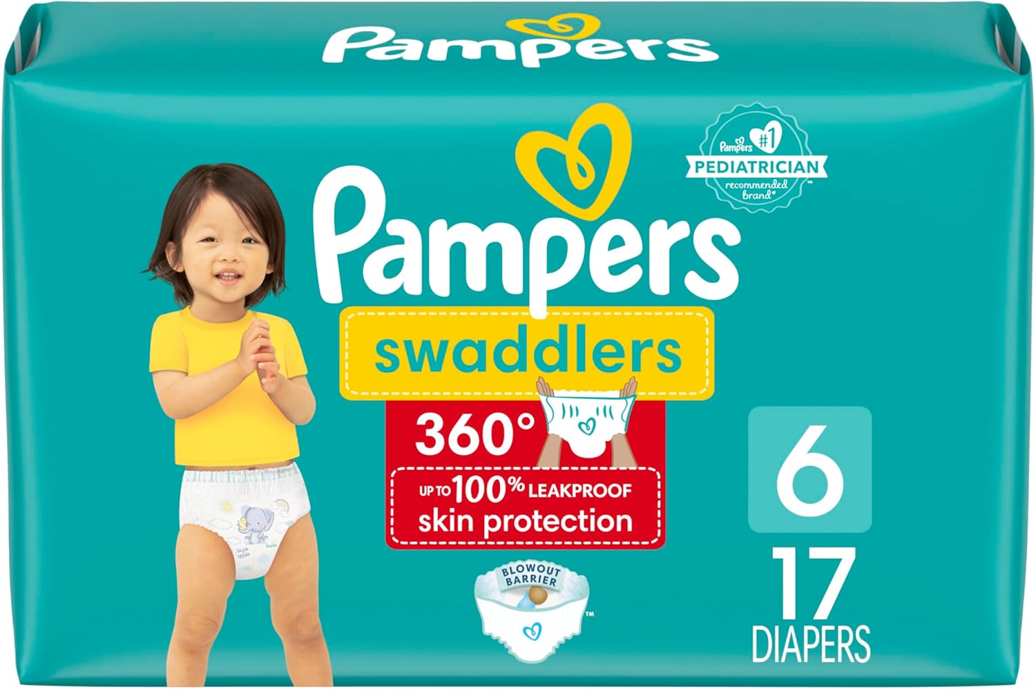 Pampers Swaddlers 360 Pull-On Diapers, Size 6 (27+ lbs), 17 Count, for up to 100% Leakproof Skin Protection