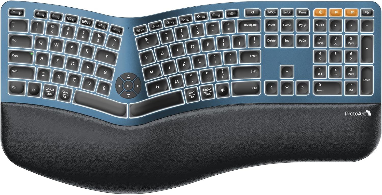 ProtoArc Backlit Wireless Ergonomic Keyboard, EK01 Plus Full Size Ergo Keyboard with Wrist Rest, Split Design, Rechargeable, Bluetooth and USB, Natural Typing Compatible with Windows/Mac/Android,Blue