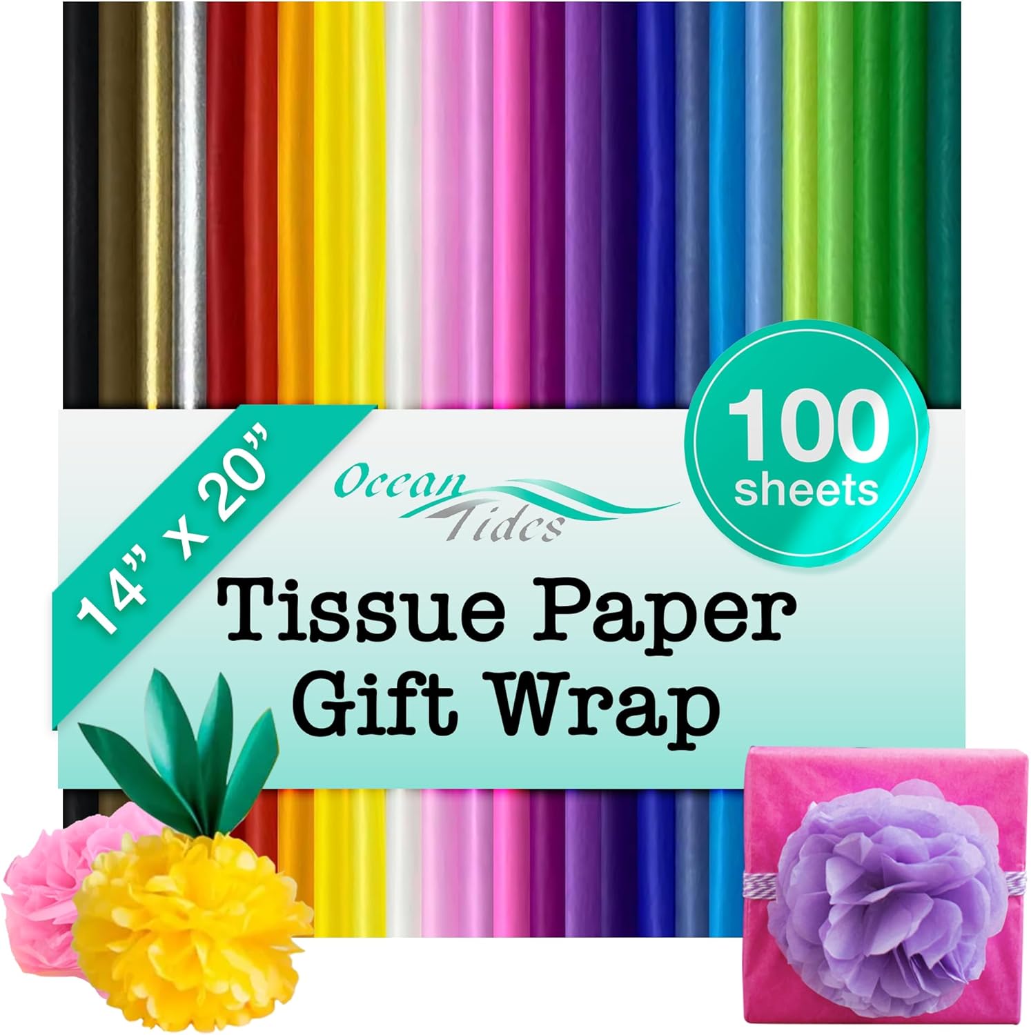 Ocean Tides Gift Wrapping Assorted Tissue Paper Bulk - Wrapping Paper for Crafts, Birthdays, Holidays, & Special Event - Colored Tissue Papers for Gift Bags & Decorations - 100 Sheets (14 x 20 inches)