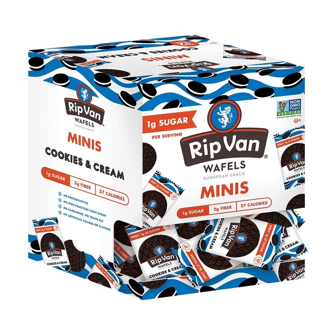 Rip Van Wafels Cookies & Cream Mini Stroopwafels - Low Carb Snacks (3g Net Carbs) - Non GMO Snack - Keto Friendly - Office Snacks - Low Calorie Snack (37 Calories) - Low Sugar (1g) - 32 Pack