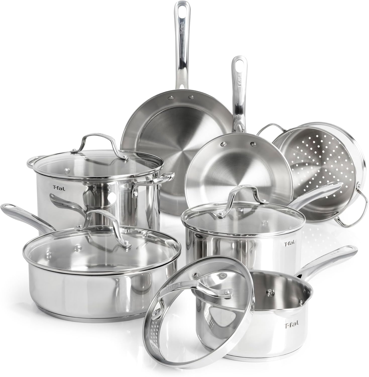 T-fal Stainless Steel Cookware Set, 11-Piece Pots and Pans, Silver