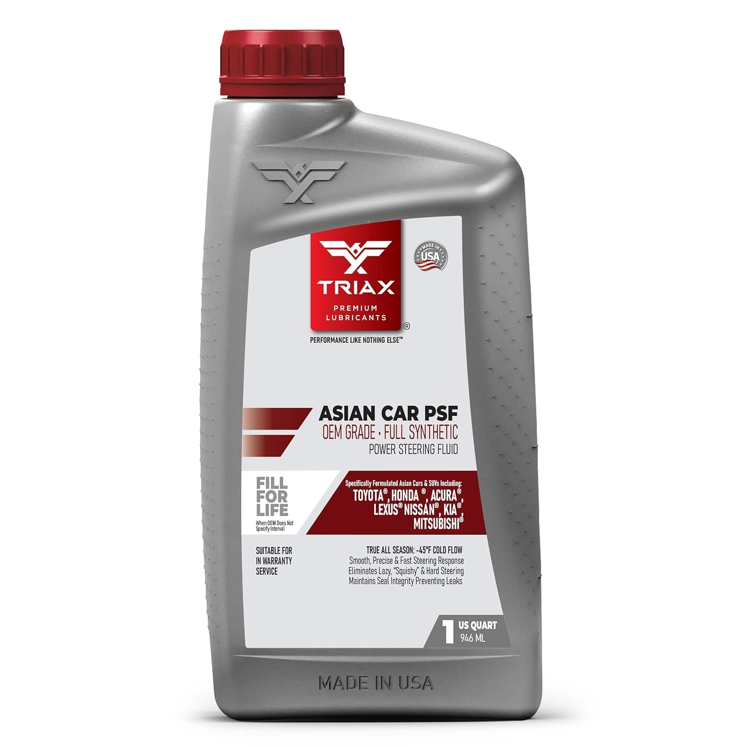 TRIAX Asian Car PSF, Power Steering Fluid, Full Synthetic, OEM Grade; Compatible with Honda, Acura, Toyota, Lexus, Scion, Nissan, Infiniti, Mazda, Hyundai, Kia & Others (1 Quart)