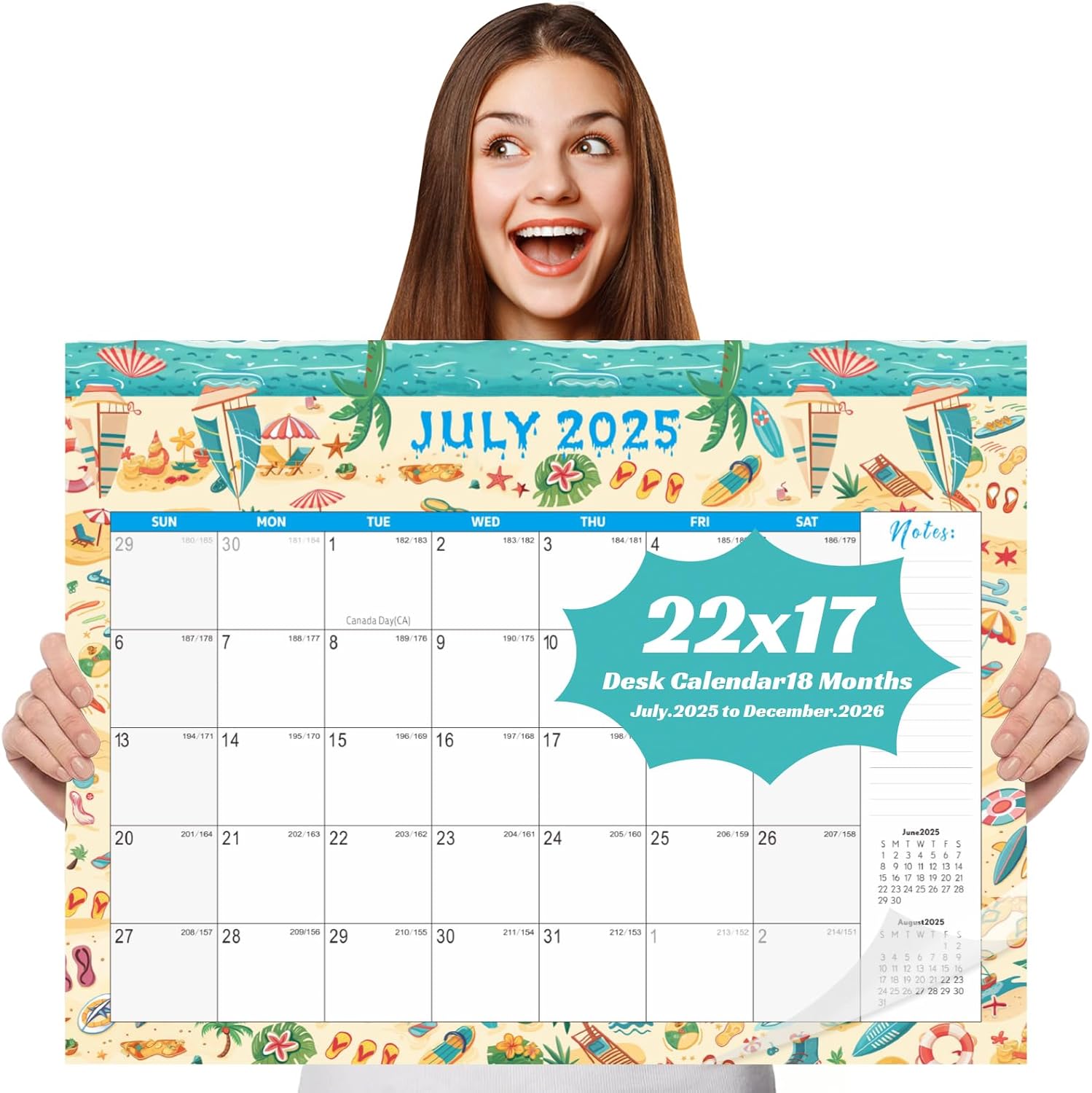 Gannyfer Desk Calendar 2025-2026 - 18 months from July 2025 to Dec 2026, 22" x 17" Large Desktop/Wall Calendar with Notes, Thick Paper with Plastic Cover, Large Daily Blocks - Summer (2 Binder Clips Included)