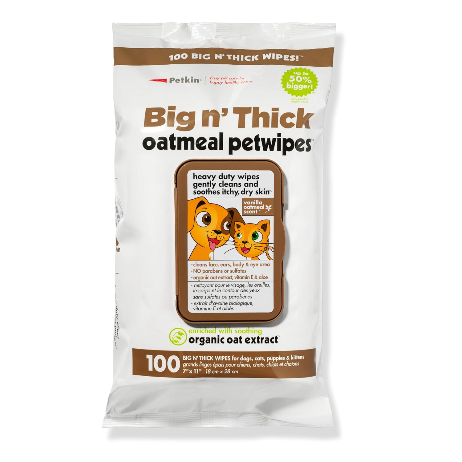 Petkin Pet Wipes for Dogs and Cats, Oatmeal, 100 Wipes (Large) for Dogs and Cats - Soothes Itchy Dry Skin and Cleans Ears, Face, Butt, Body and Eye Area - Idea for Home and Travel