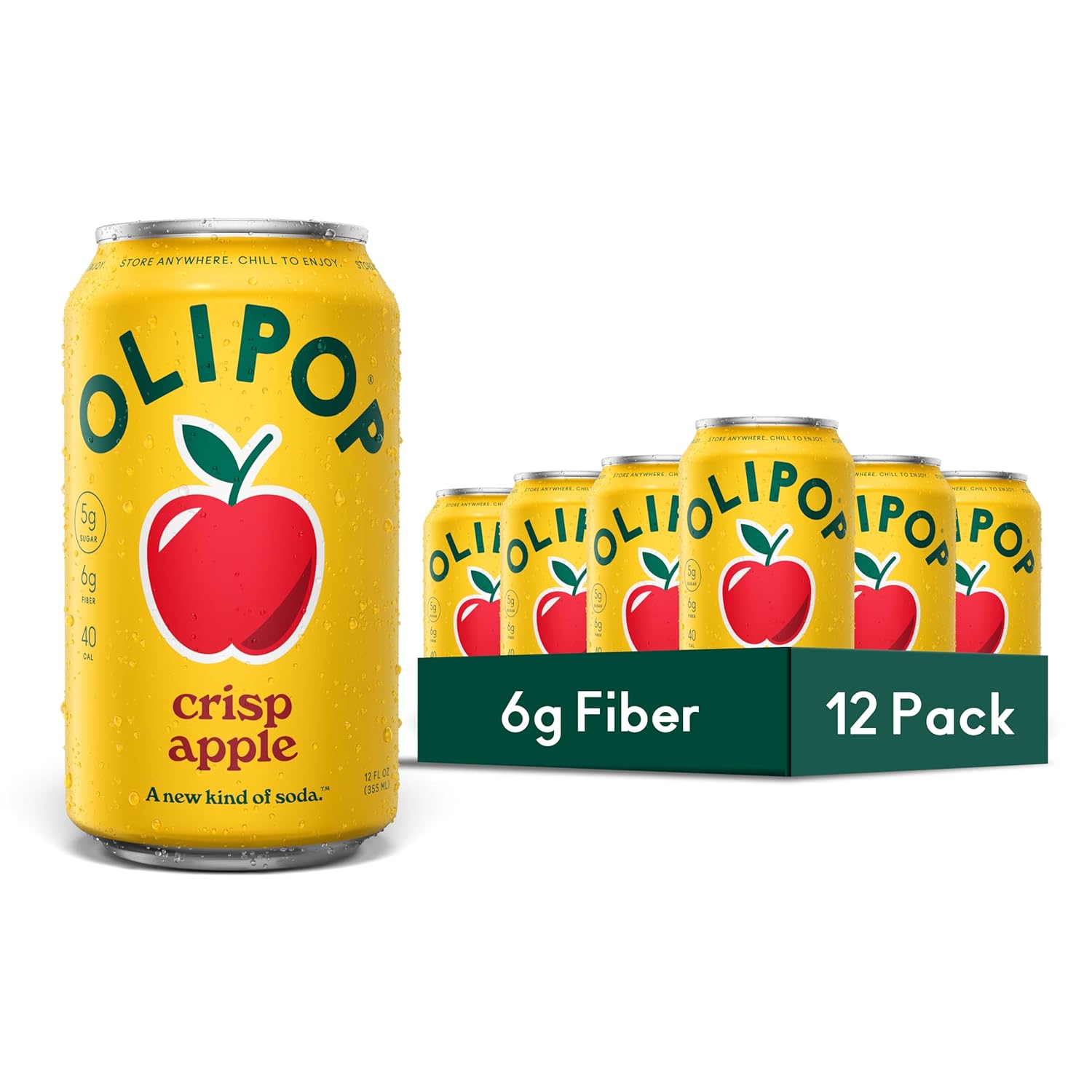 OLIPOP Prebiotic Soda Pop, Crisp Apple, Pantry Pack Packed with Prebiotics, Fiber, and Botanicals, Gluten Free, GMO Free, 12oz (12-Cans) (Packaging May Vary)