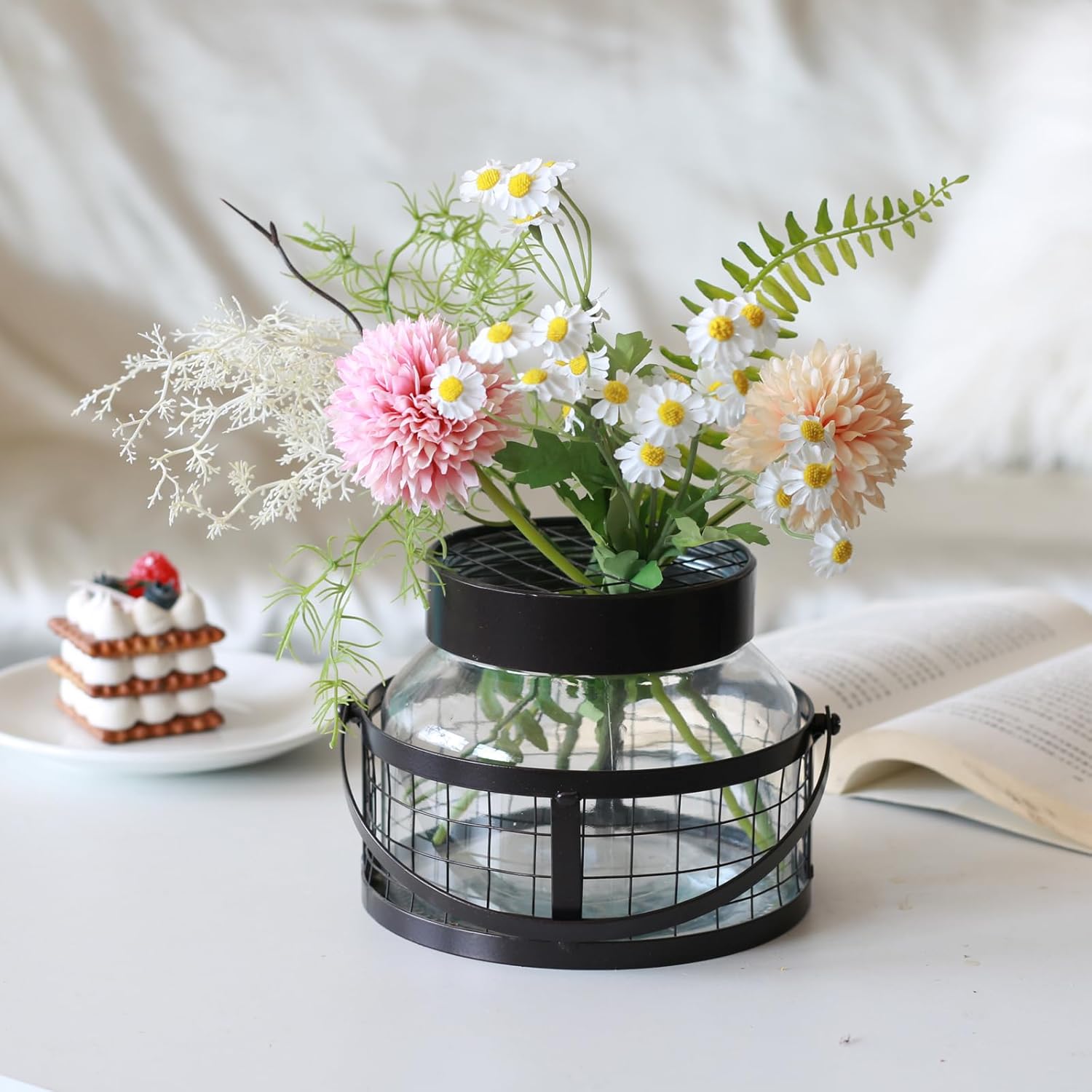 Vintage Glass Farmhouse Vase for Flowers, Rustic Lantern vase, Living Room, Kitchen,Home Decor,Centerpieces Decoration for Floral Arrangement,Housewarming Hostess Gift. (Small 5.2''H)