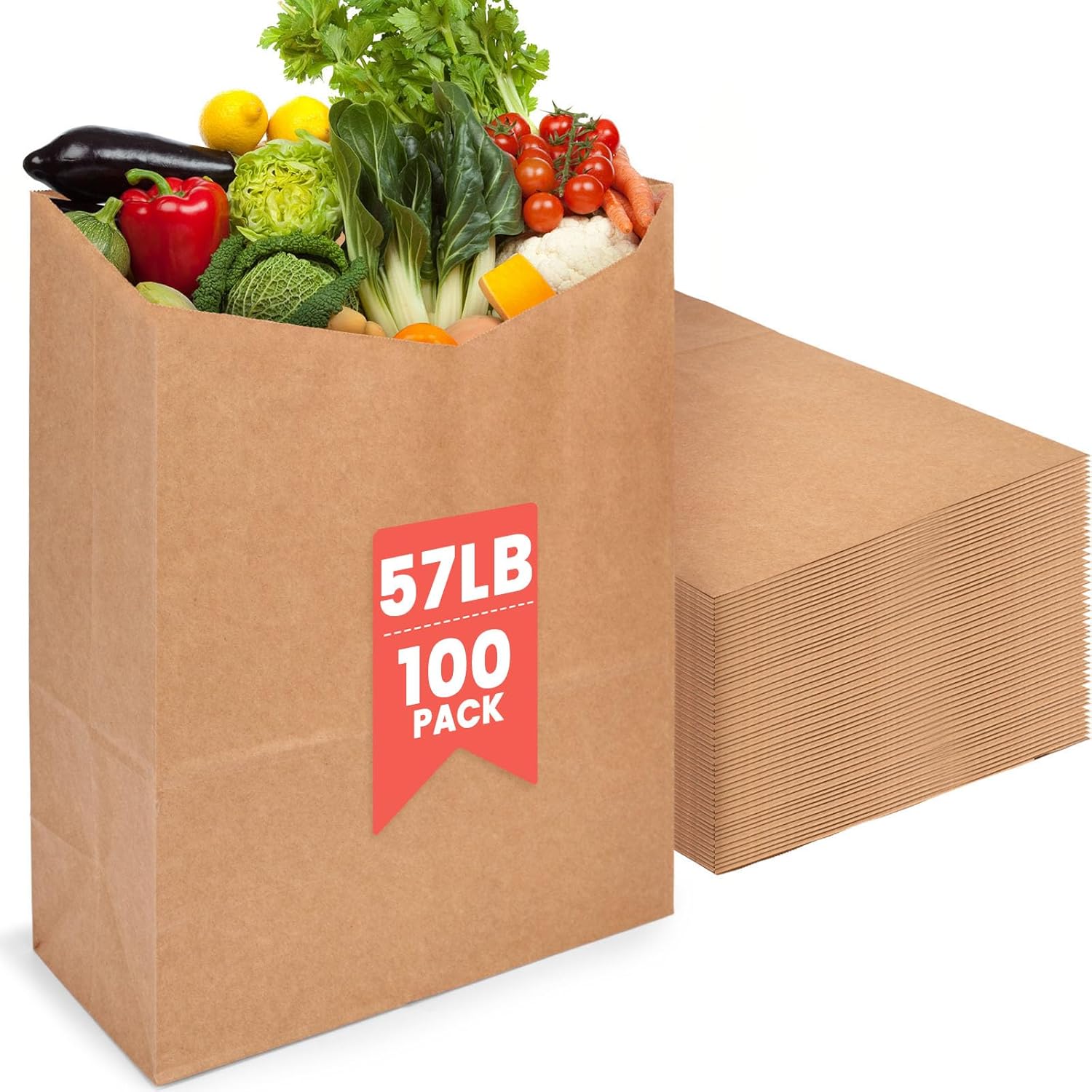 VGOODALL 100 Pack 57LB Brown Kraft Paper Grocery Bags, 13" x 6" x 16.5" Large Kraft Paper Bags Heavy Duty for Restaurant Retail Shopping Takeout