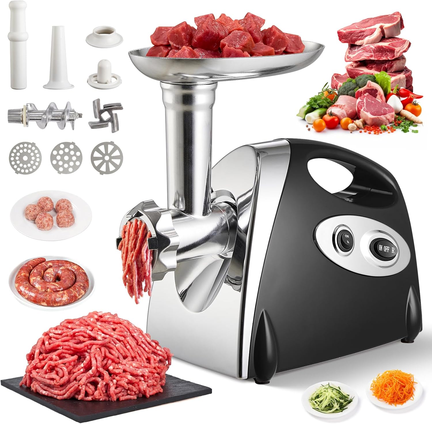Warmiehomy Meat Grinder Electric, 2800W Meat Mincer with 3 Stainless Steel Grinding Plates, Food Mincer Machine, Household Sausage Meat Patty Maker, Reverse Function, Plastic Housing(Black)