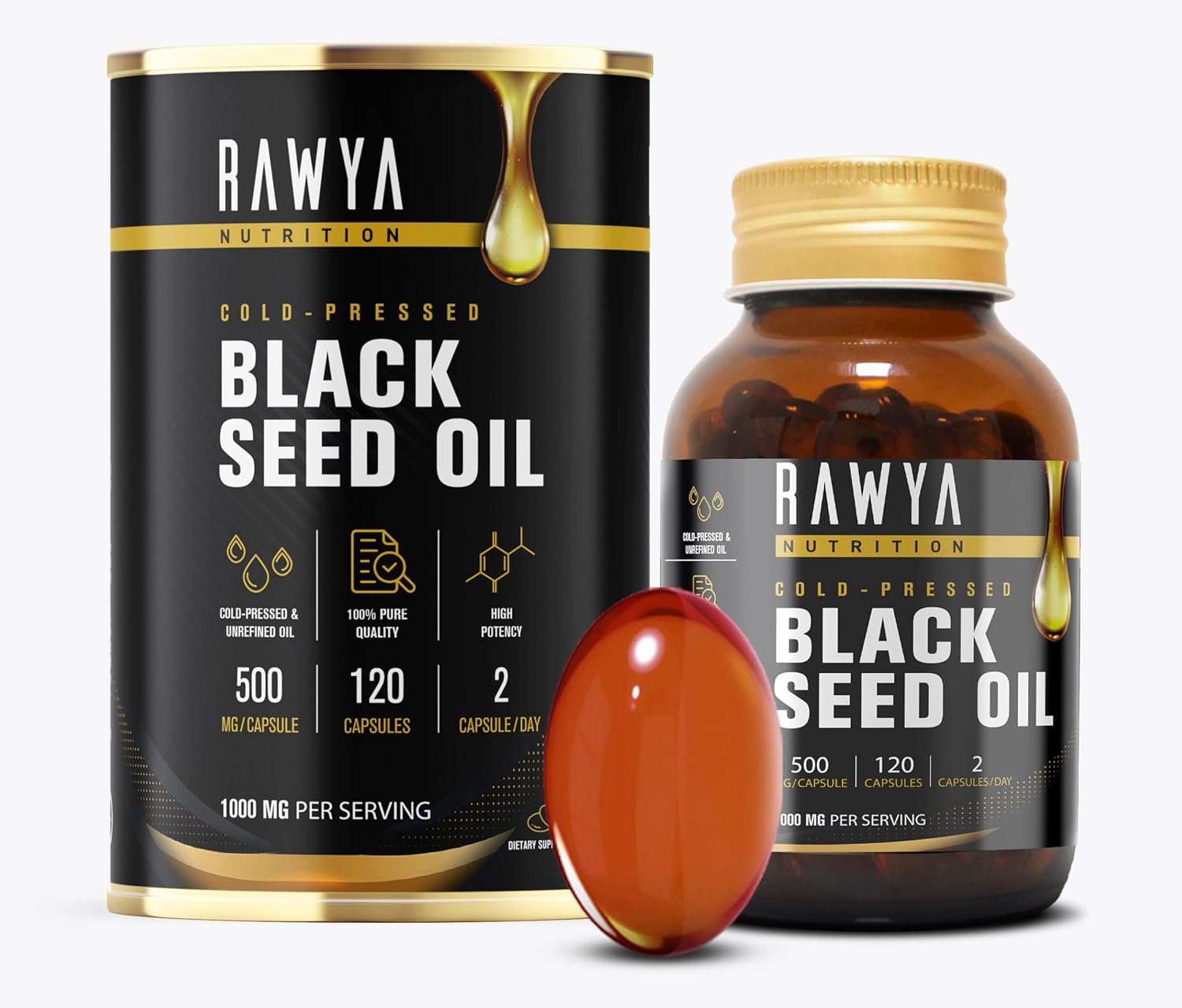 Rawya Black Seed Oil - 120 Softgel Capsules, Premium Cold-Pressed Nigella Sativa, Pure Black Cumin Seed Oil - 500mg Each, Hair Growth & Skin