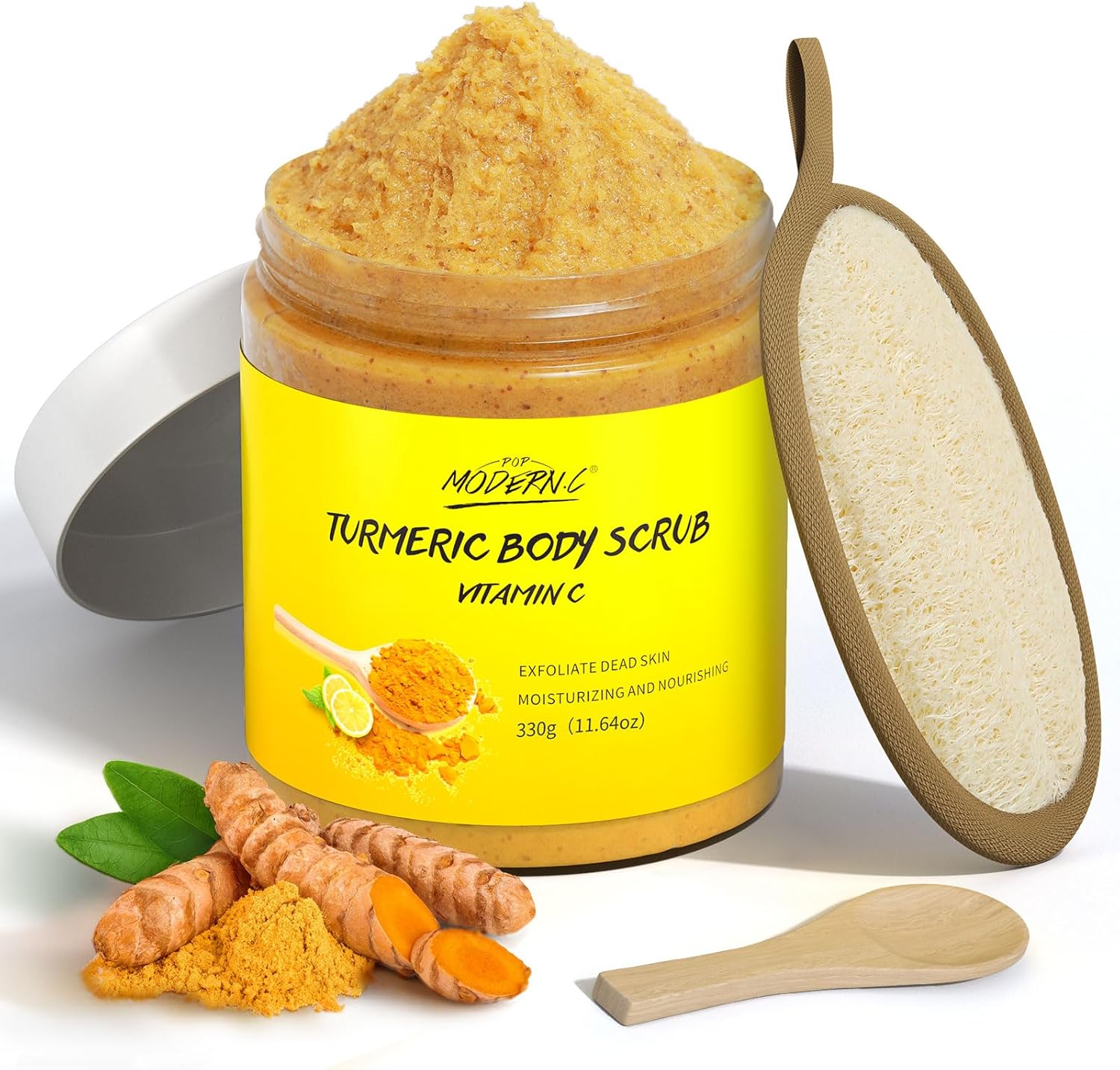 Turmeric and Vitamin C Body Scrub, Exfoliating Scrub, Remove Dead Skin Improve Dark Spots Acne, Natural Deep Cleansing, Exfoliator for Body Butt Bikini Area, Body Care for Men Women, with Loofah