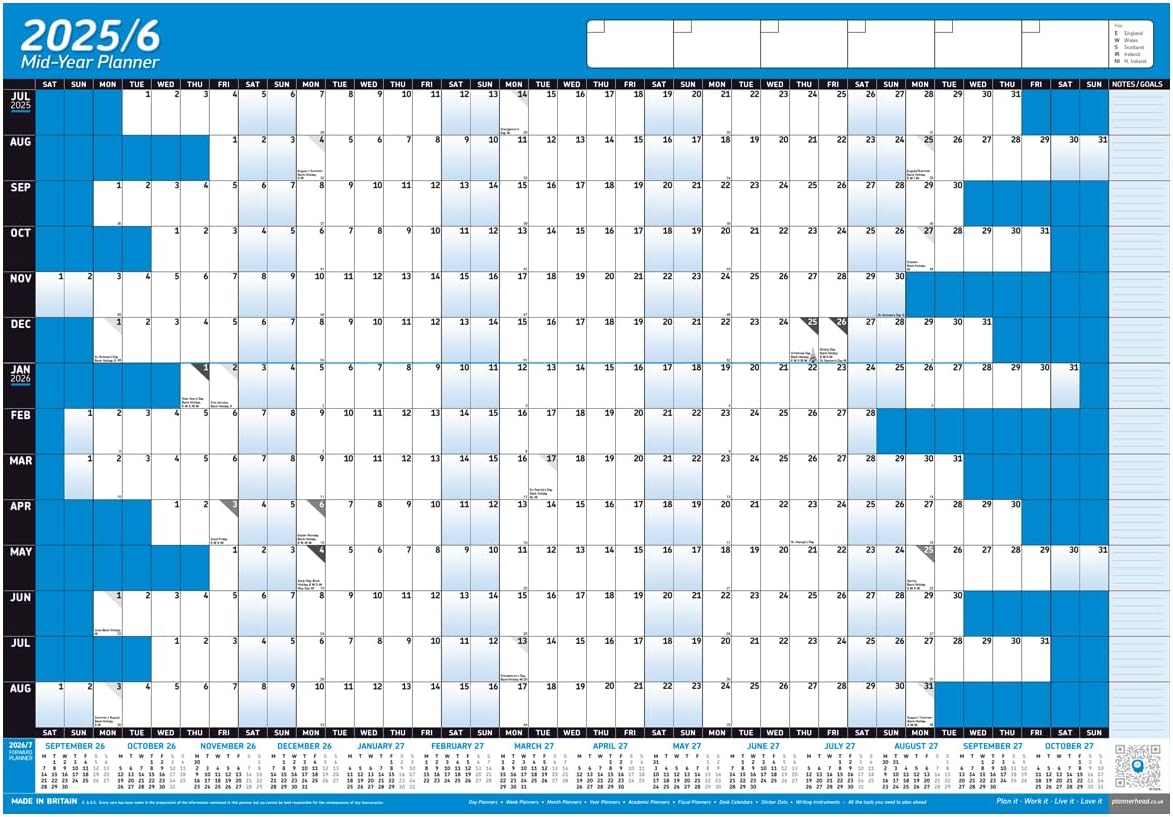 2025/26 Mid Year Academic Yearly Annual Office Home Wall Planner Calendar Chart Poster Unmounted Unlaminated BLUE, A1+ 62cm x 88cm (ROLLED)