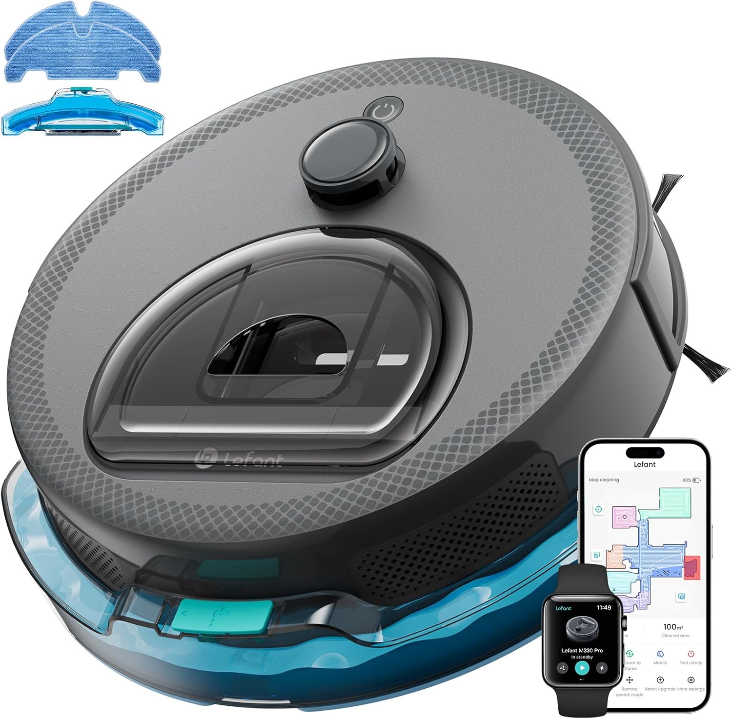 Lefant LiDAR Robot Vacuum and Mop, Upgraded 190° PSD Obstacle Avoidance, 5000Pa Strong Suction, Multi-Floor Mapping, 150 Mins Runtime, WiFi/Alexa/APP/Watch, Pet Hair & Carpets, M330 Pro Grey