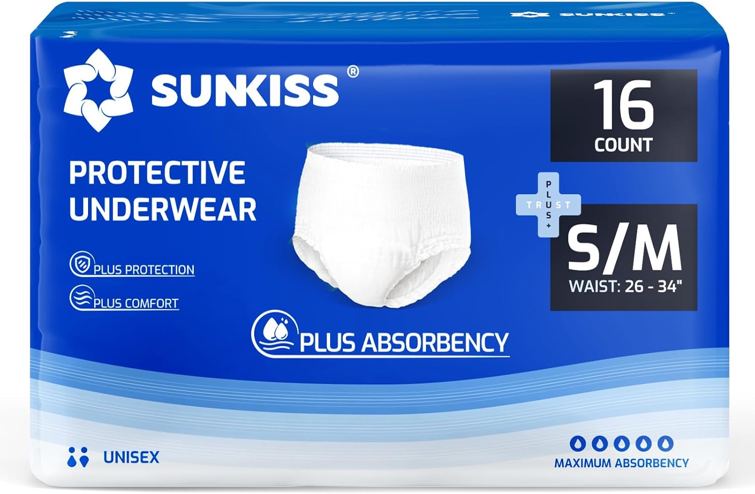 SUNKISS TrustPlus Incontinence Pants for Men and Women, Adult Pull Ups, Disposable Protective Underwear, Maximum Absorbency, Odour Control, Small/Medium, 16 Count