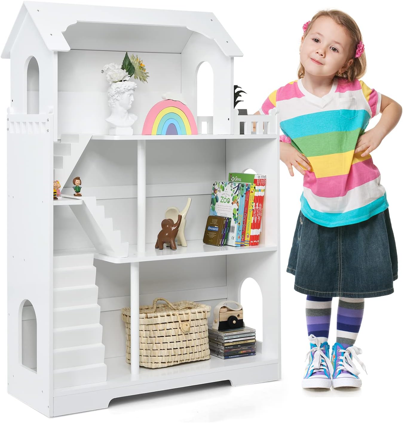 COSTWAY Kids Bookcase, 3 Tiers Wooden Dollhouse Cottage with Anti-Tip Design, Children Toy Storage Organiser Bookshelf for Playroom Bedroom