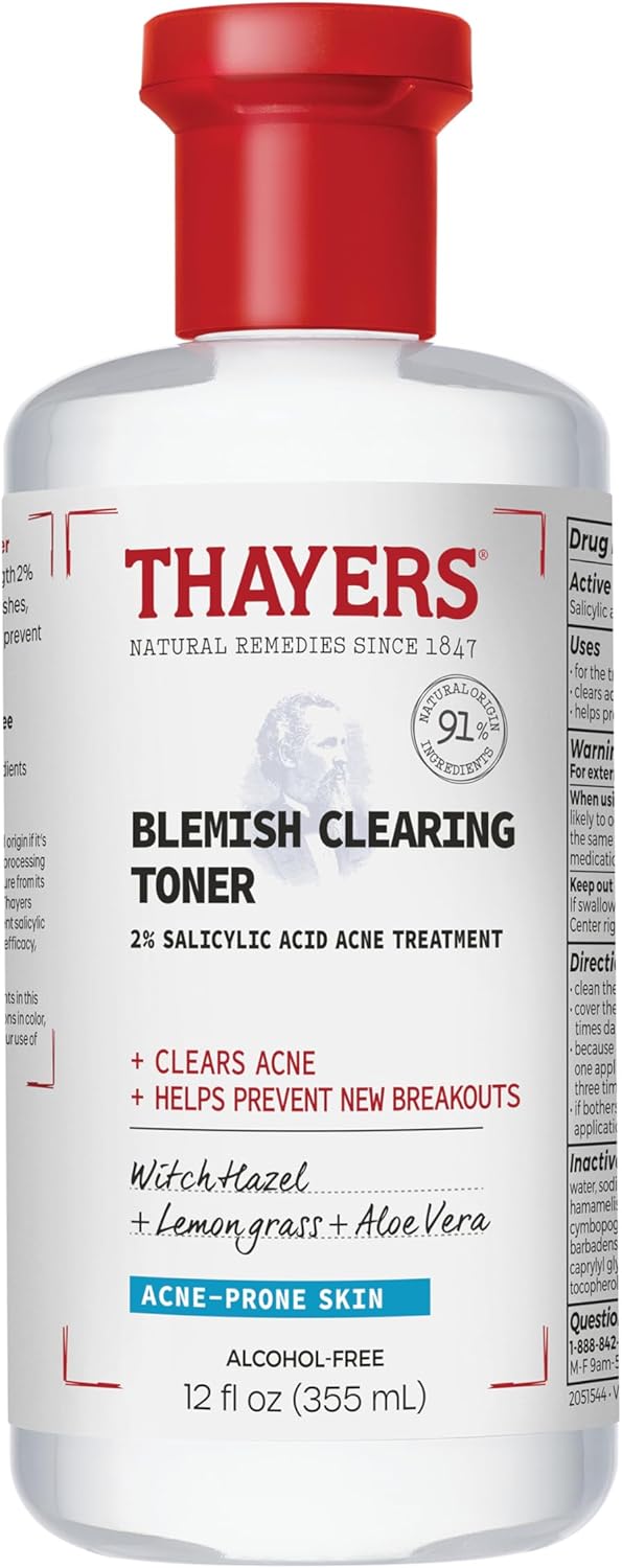 Thayers Blemish Clearing Salicylic Acid Toner, Acne Treatment Face Toner with 2% Salicylic Acid, Soothing and Non-Stripping Skin Care, 12 Fl Oz