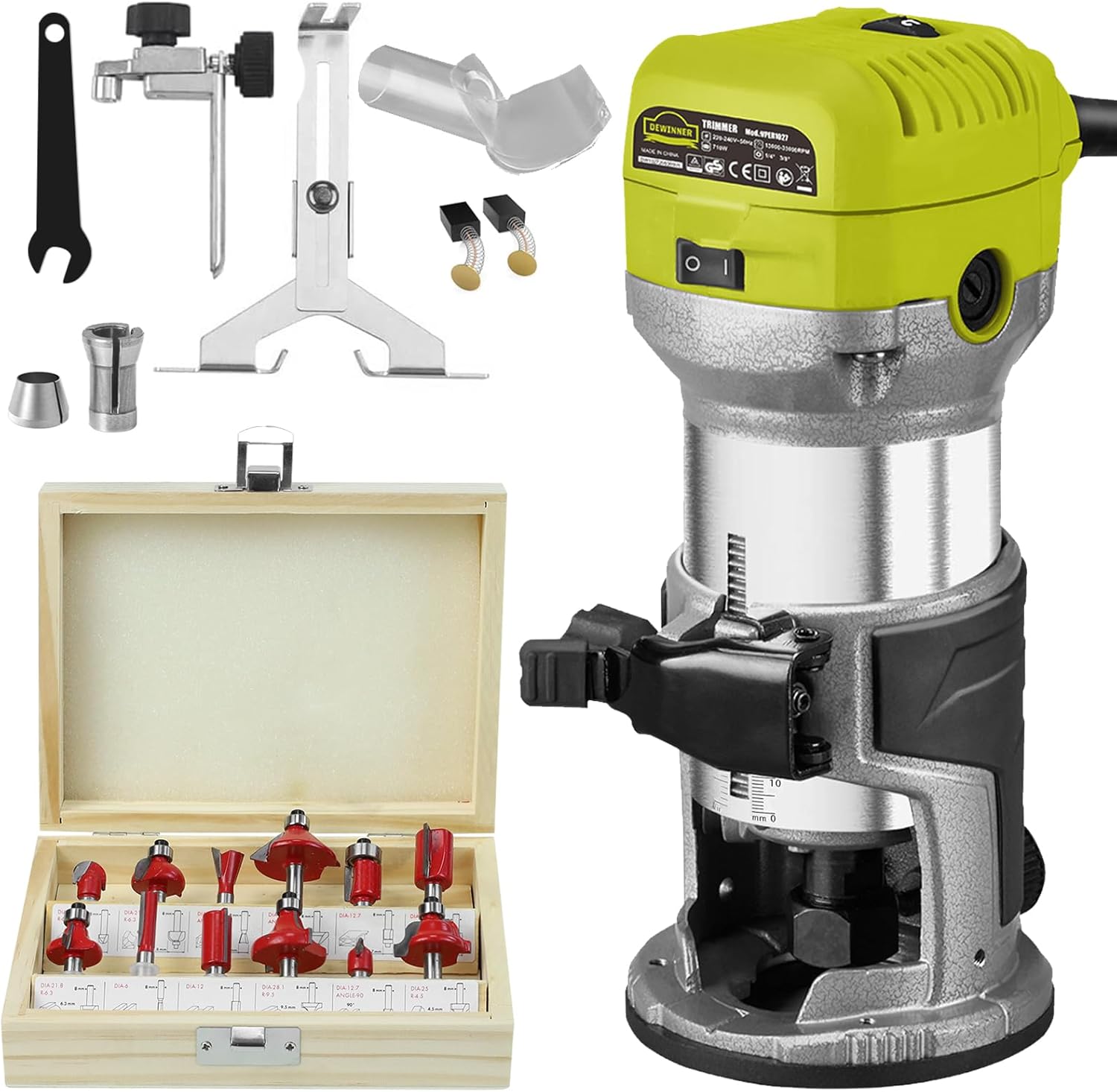 DEWINNER Electric Palm Router Tool, 1/4" Compact Wood Trimmer with Metal Base, 6 Variable Speeds Router for Woodworking, Trimmer Router with 12pcs Trim Router Bits for Handwork and DIY